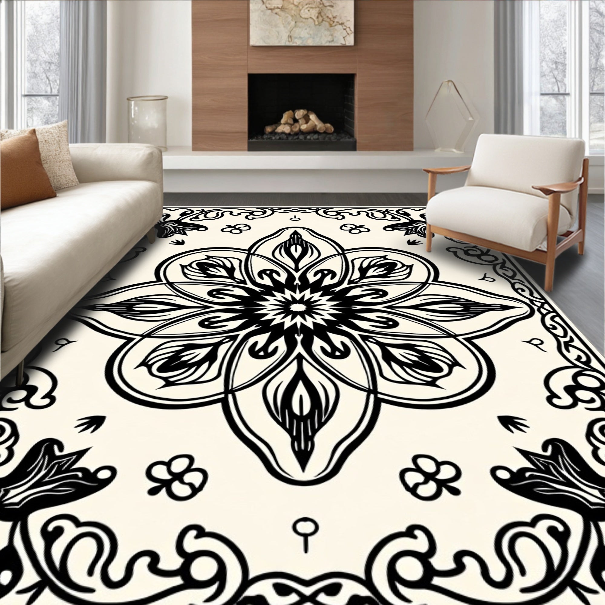 Elegant Black Floral Mandala Design Rug