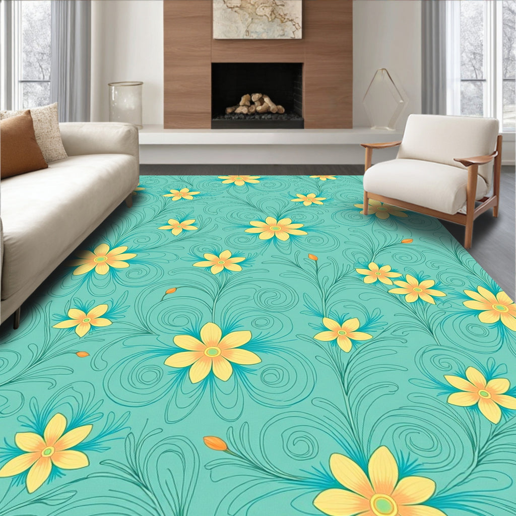 Aqua Yellow Floral Scroll Design Rug