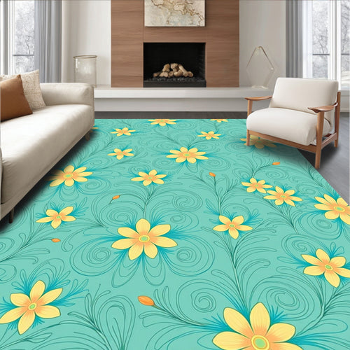 Aqua Yellow Floral Scroll Design Rug