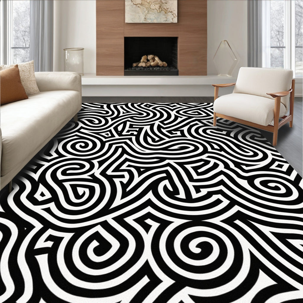Black And White Swirl Maze Pattern Rug