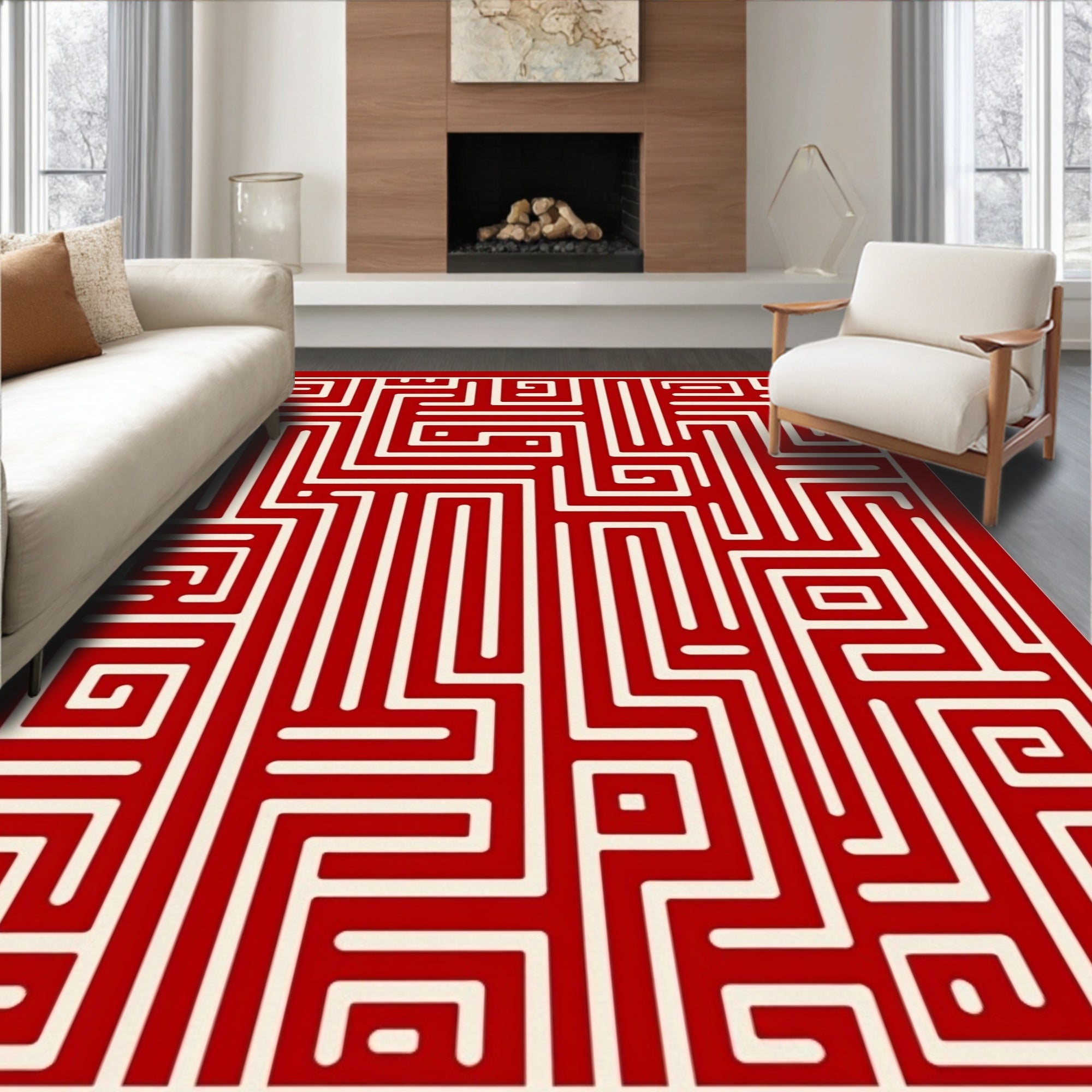 Bold Red Maze Geometric Pattern Rug