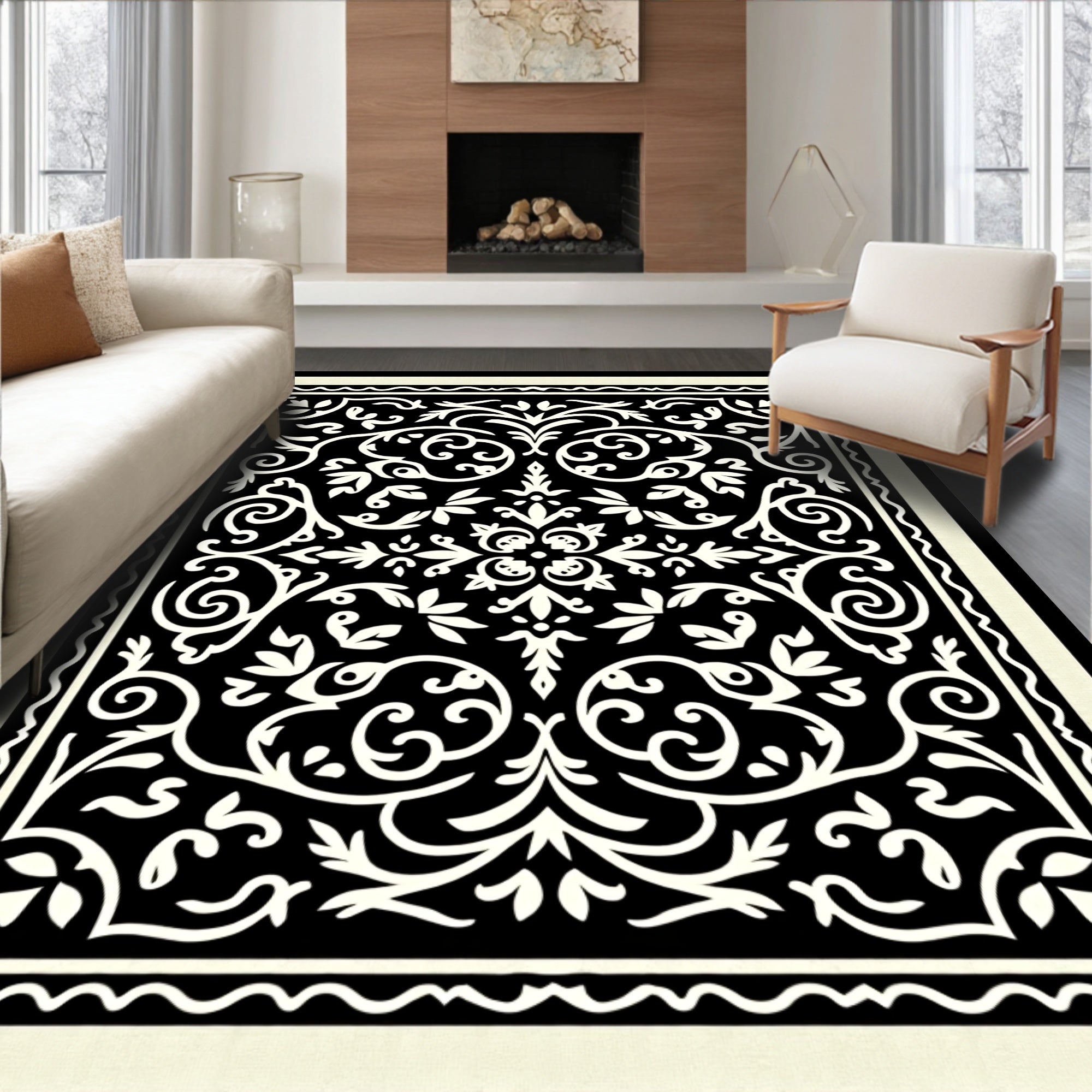 Classic Floral Scrollwork Black Ivory Rug