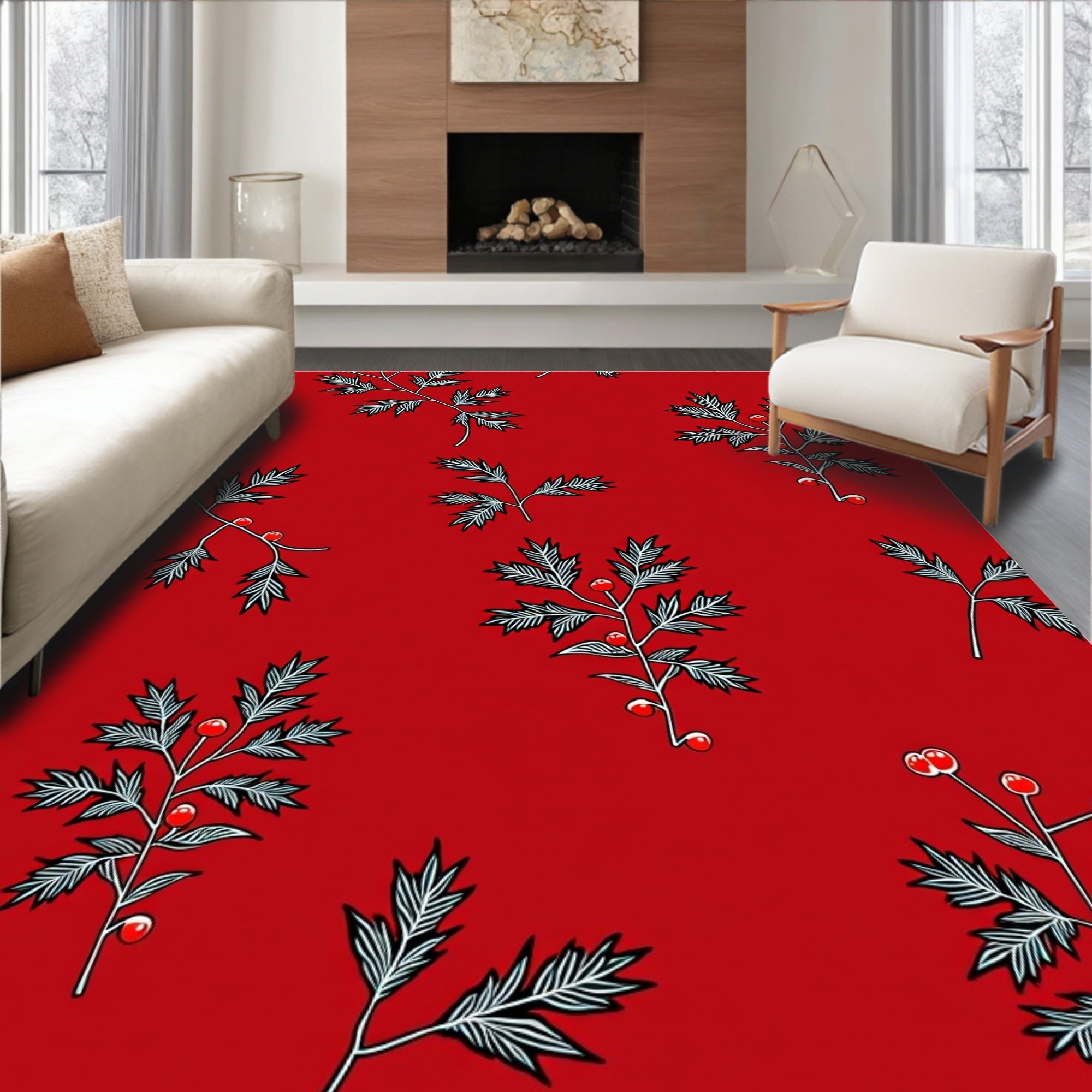 Red Berry Branch Pattern Design Rug