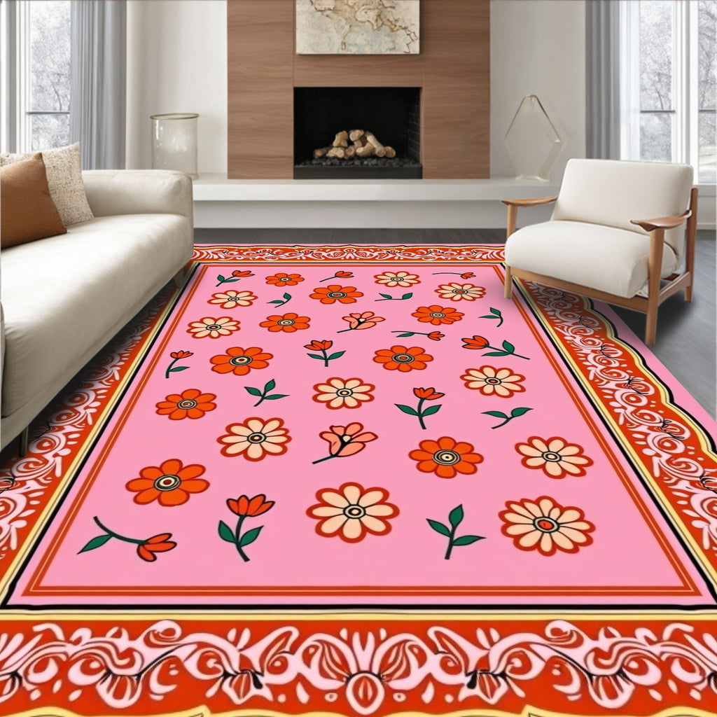 Retro Pink Floral Pattern Rug