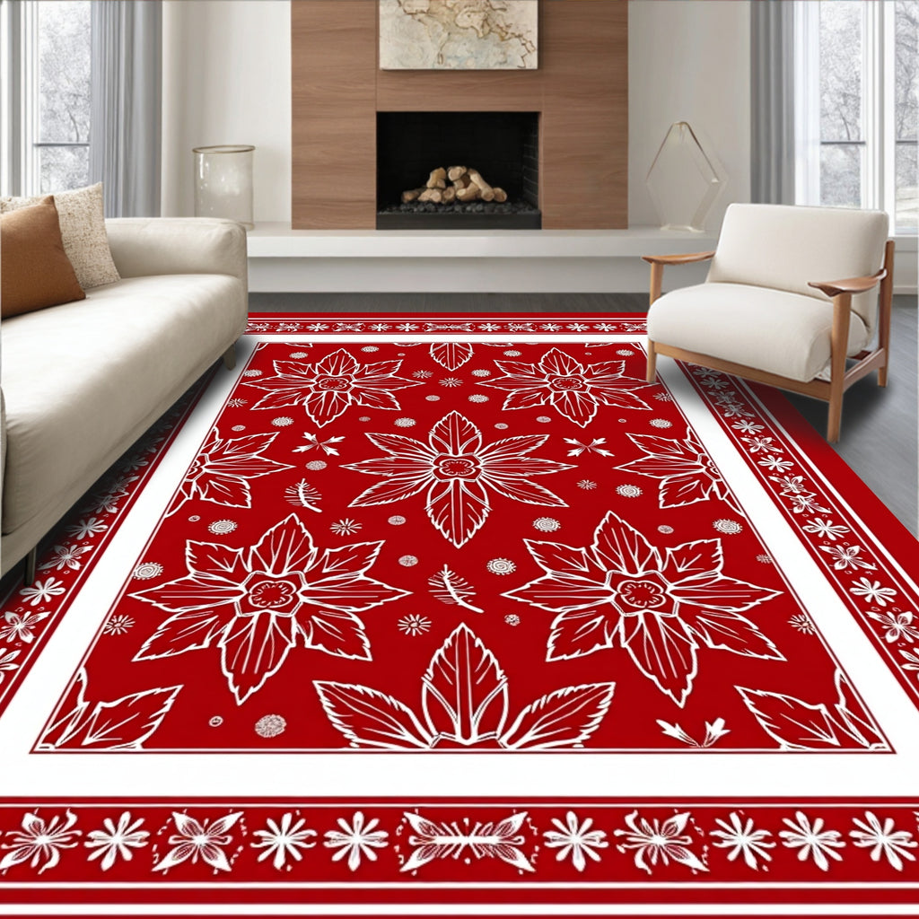 Red Floral Patterned Graphic Design Rug