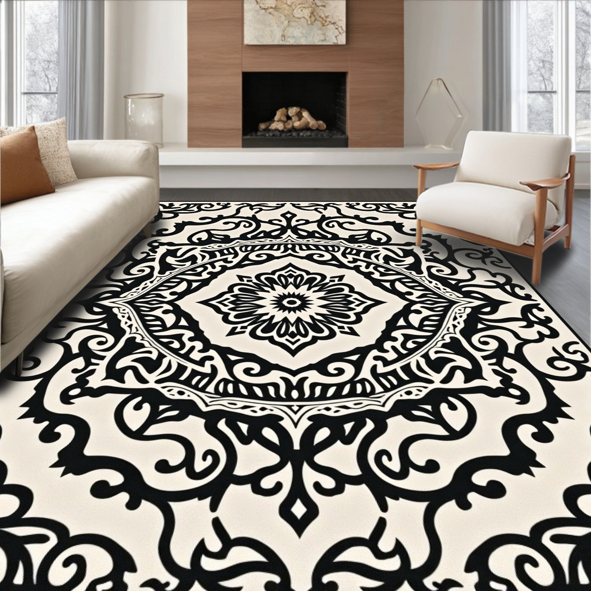Elaborate Black Floral Scrollwork Design Rug