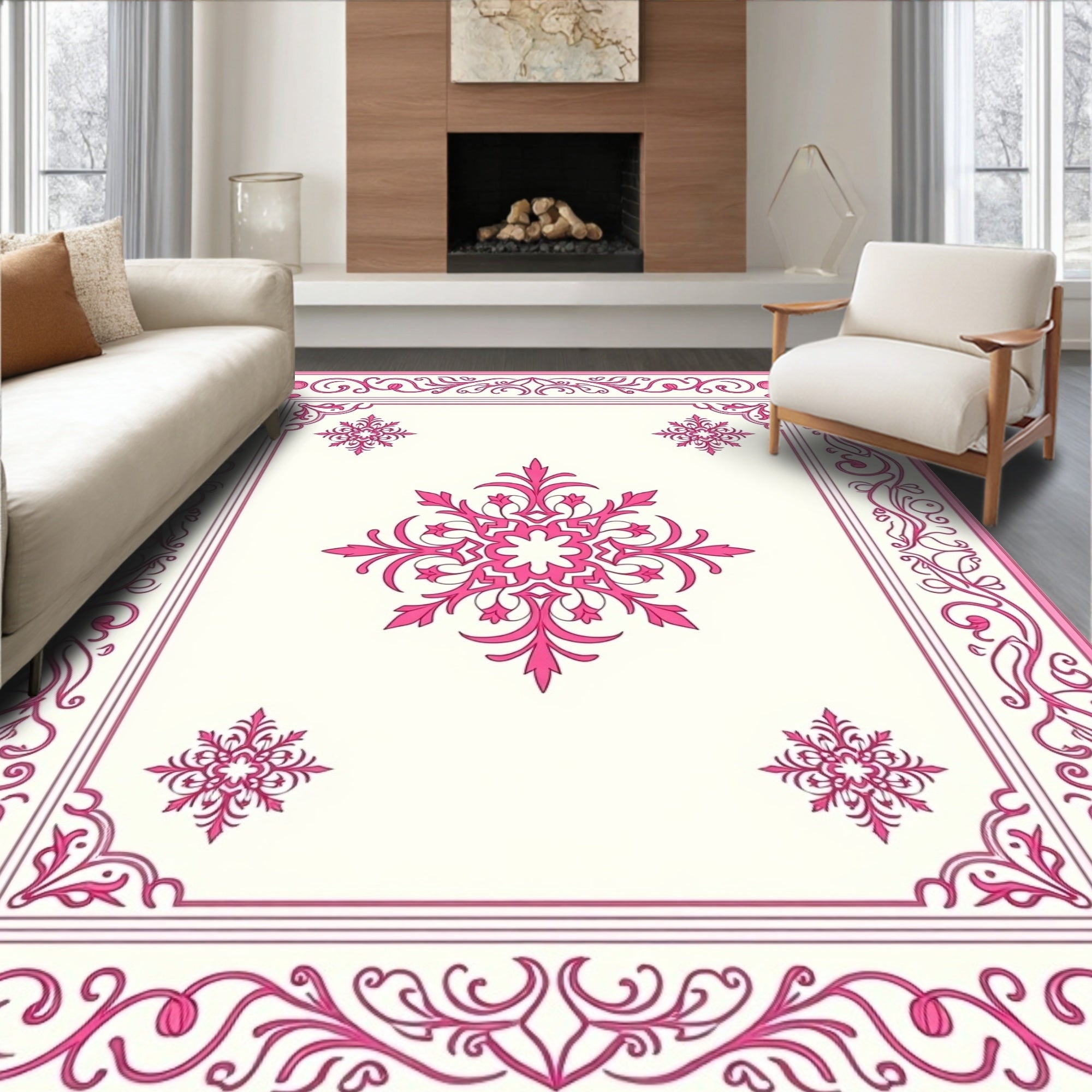 Pink Floral Filigree Repeating Pattern Rug