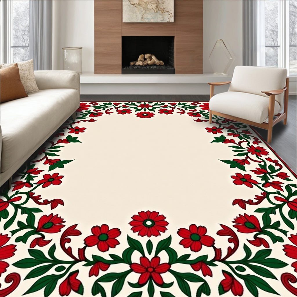 Red Floral Swirls Leaves Design Rug