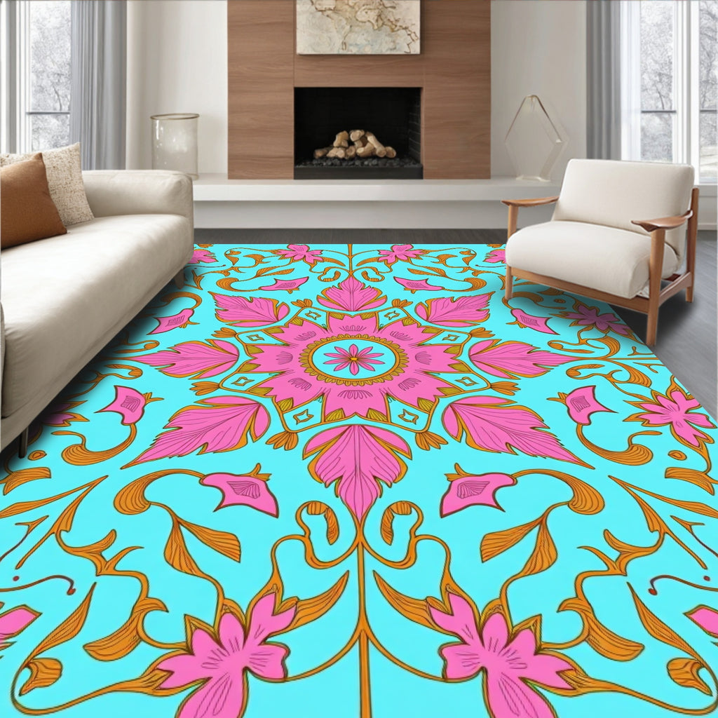 Pink Floral Symmetry Mandala Pattern Rug