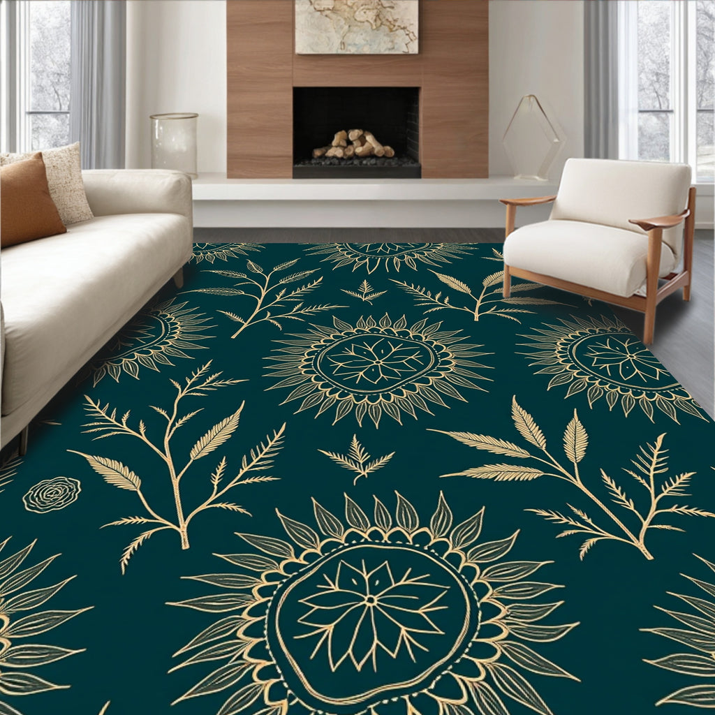 Golden Sunburst Floral Pattern Rug