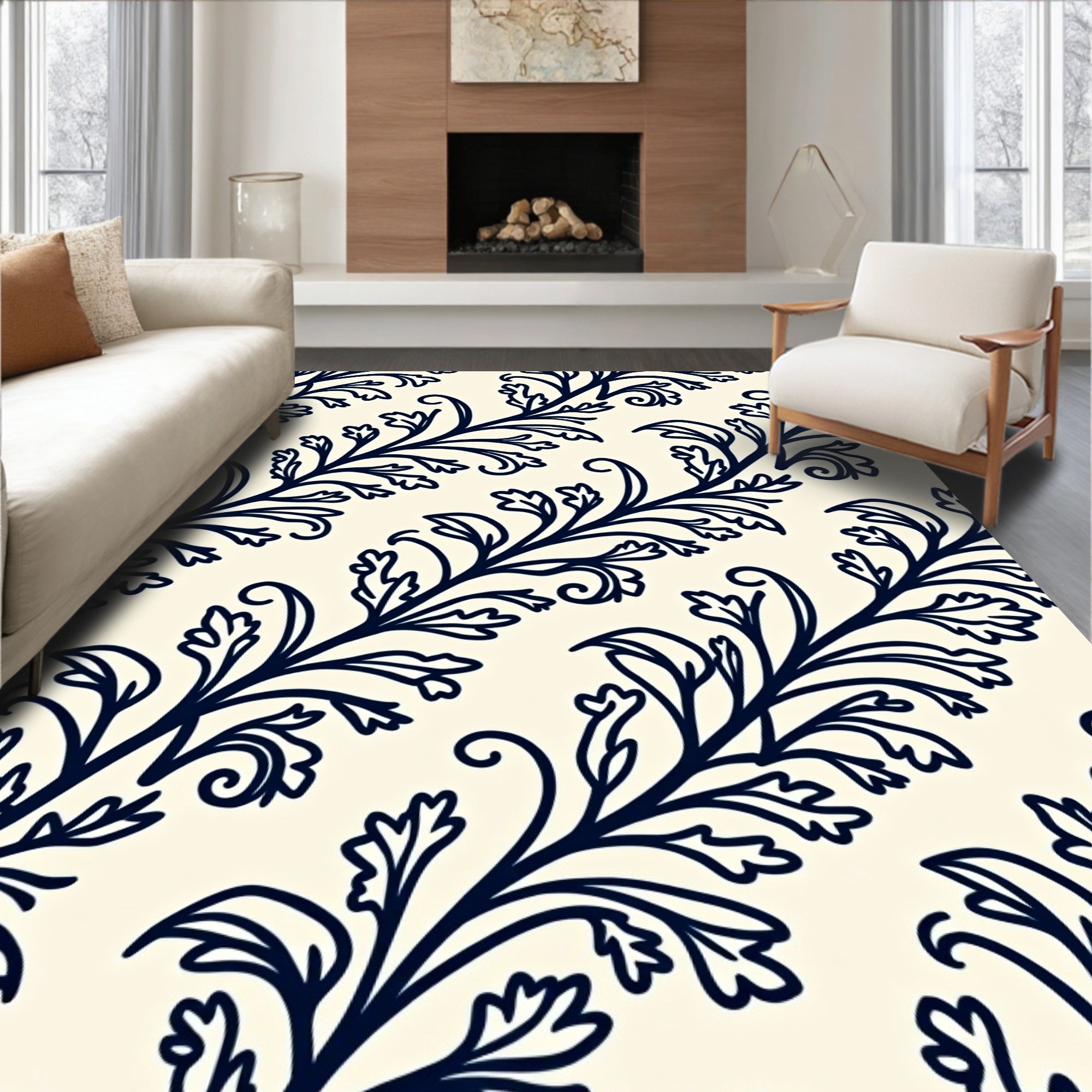 Navy Vine Scroll Pattern Rug