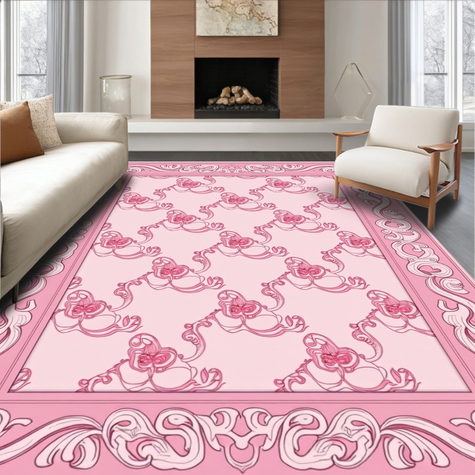 Pink Orchid Floral Baroque Framing Rug