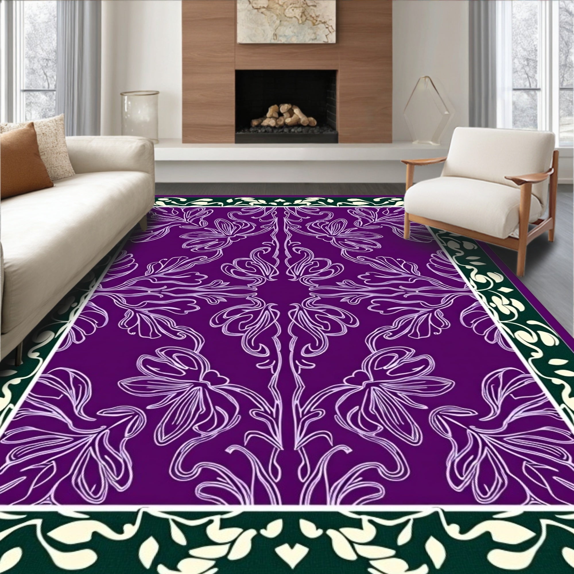 Purple Cream Art Nouveau Floral Rug