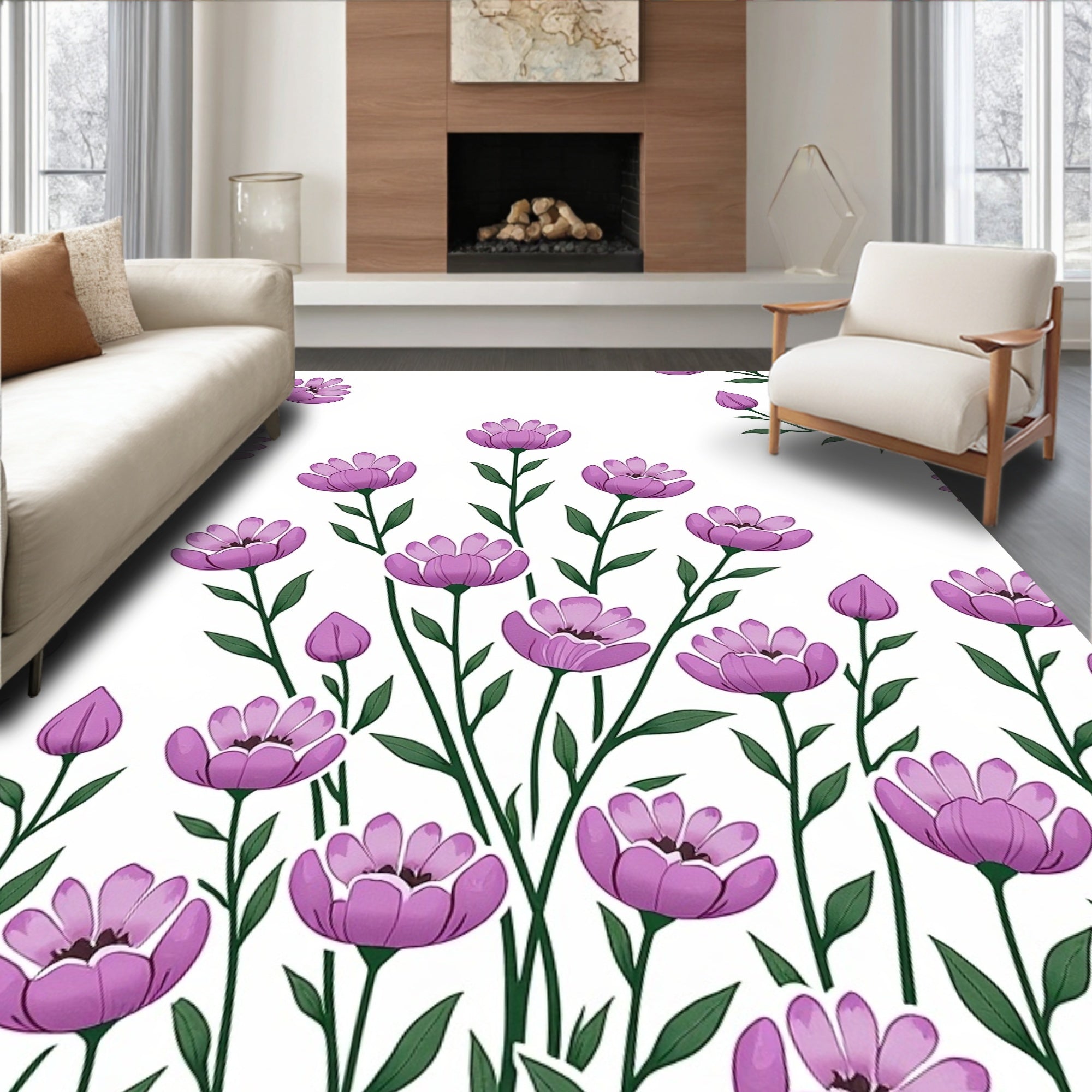 Whimsical Purple Floral Pattern Design Rug