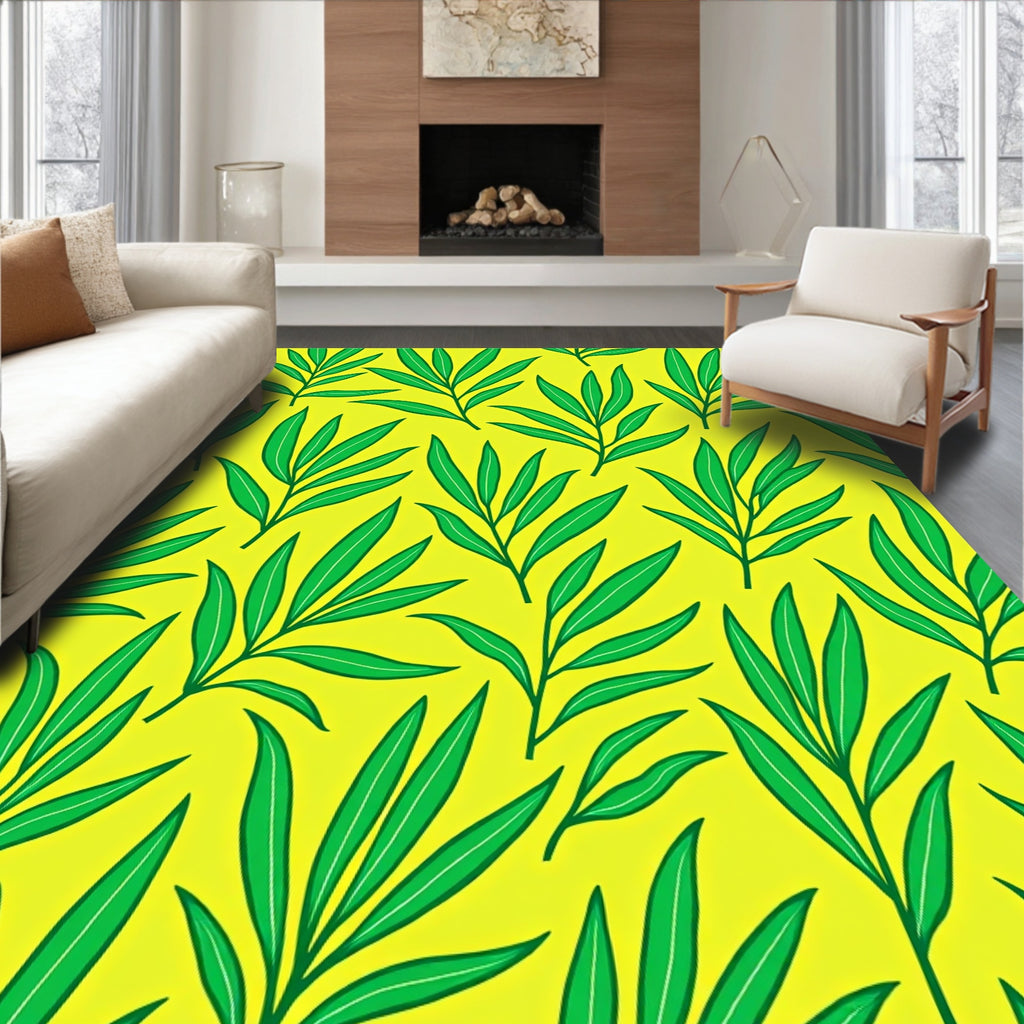 Green Leaf Pattern On Yellow Background Rug