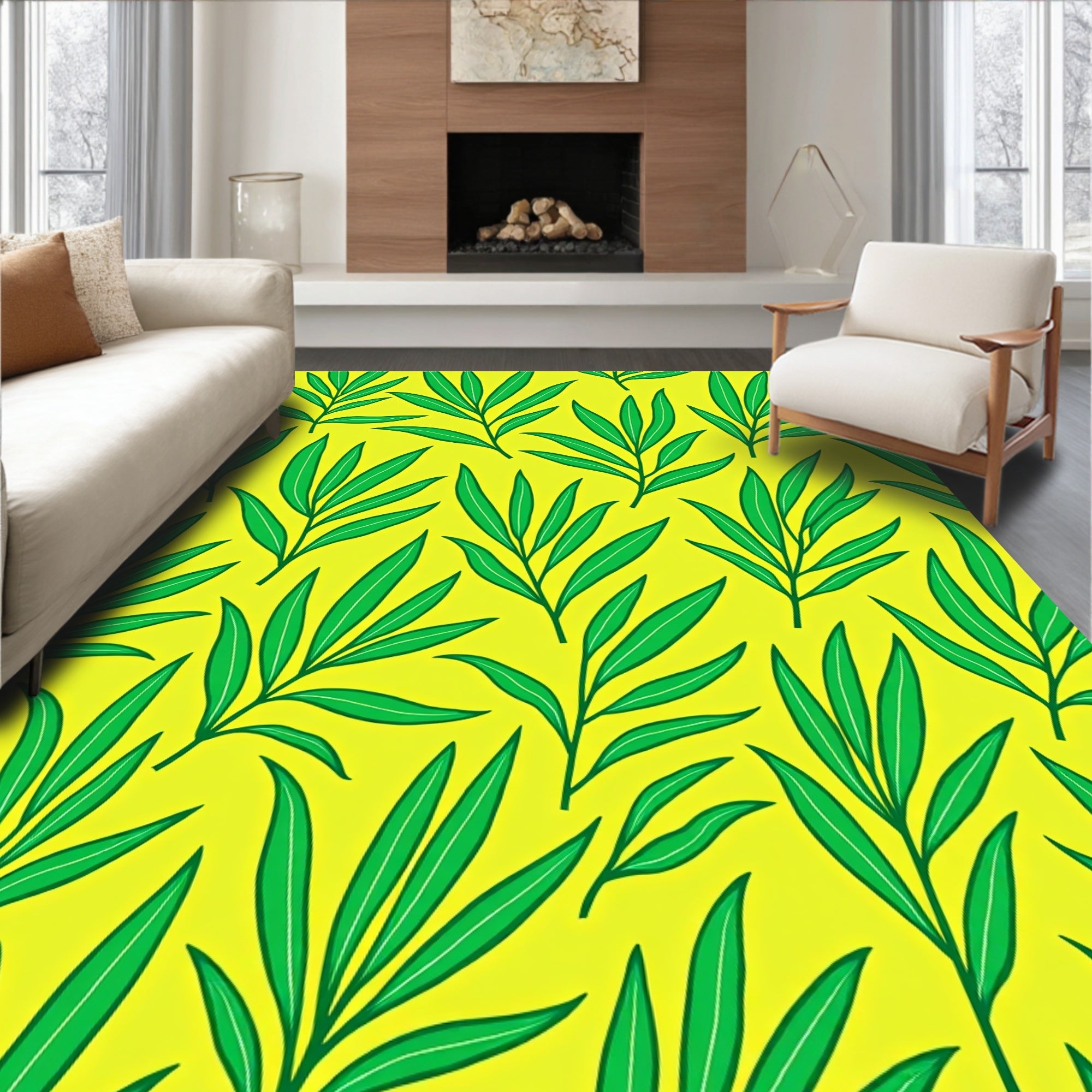 Green Leaf Pattern On Yellow Background Rug