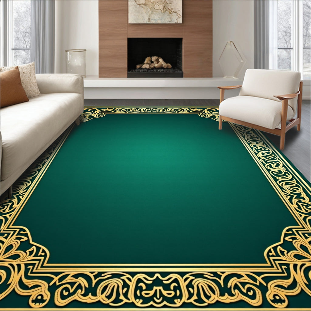 Emerald Green Golden Arabesque Border Rug