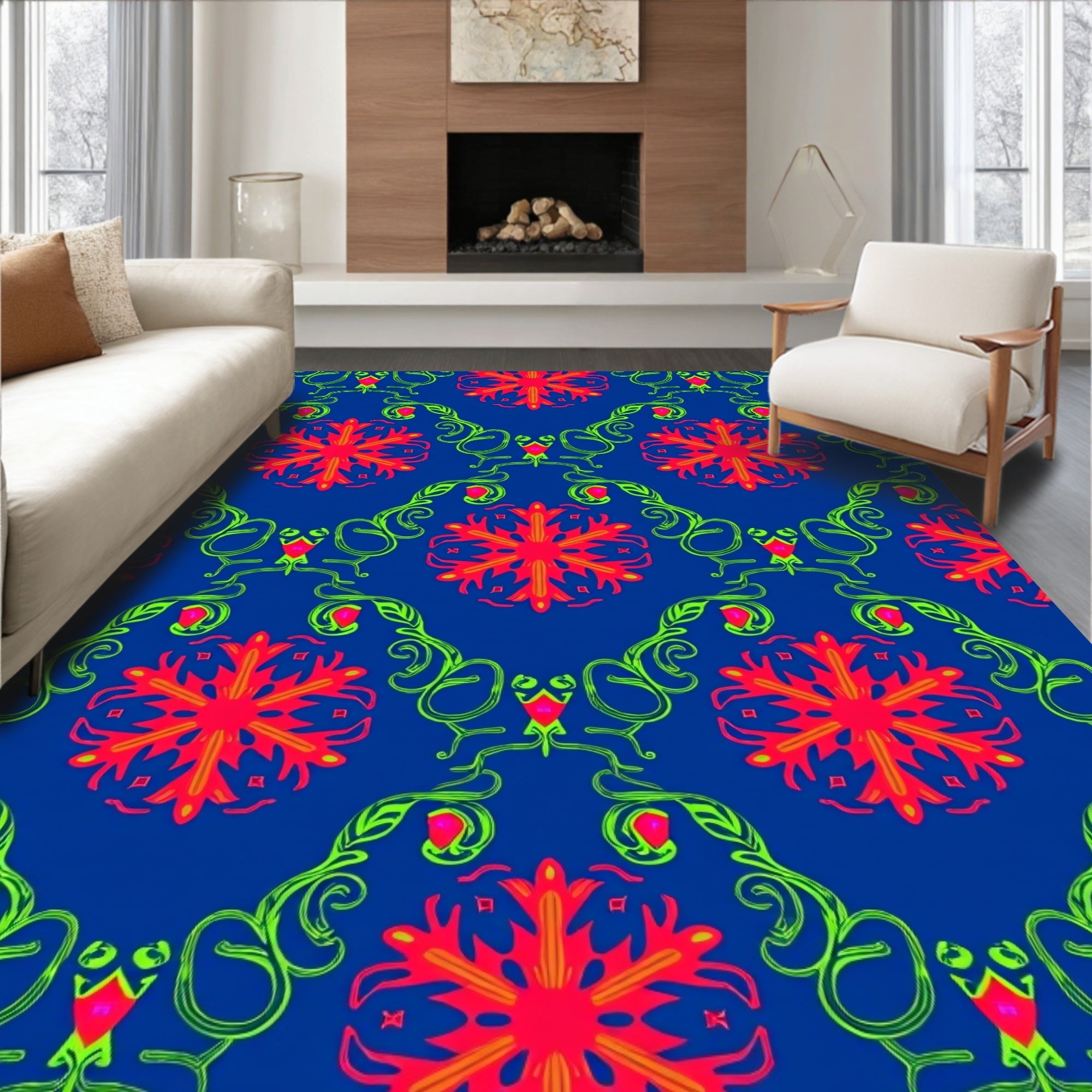 Vibrant Crimson Floral Blue Swirl Rug