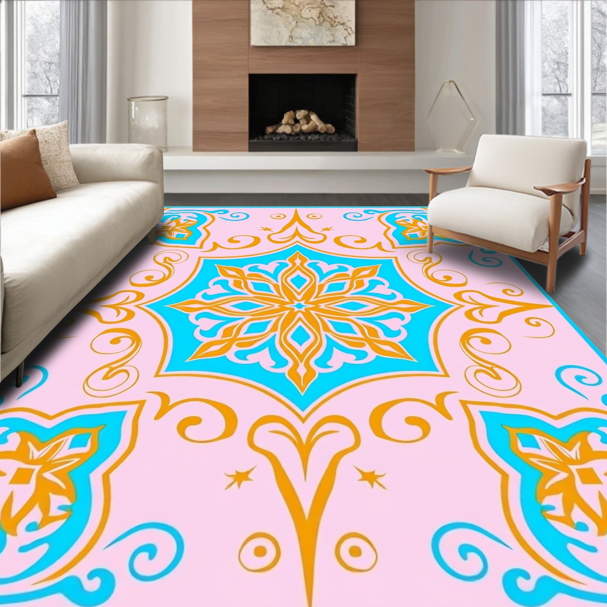 Vibrant Teal Orange Floral Medallion Design Rug
