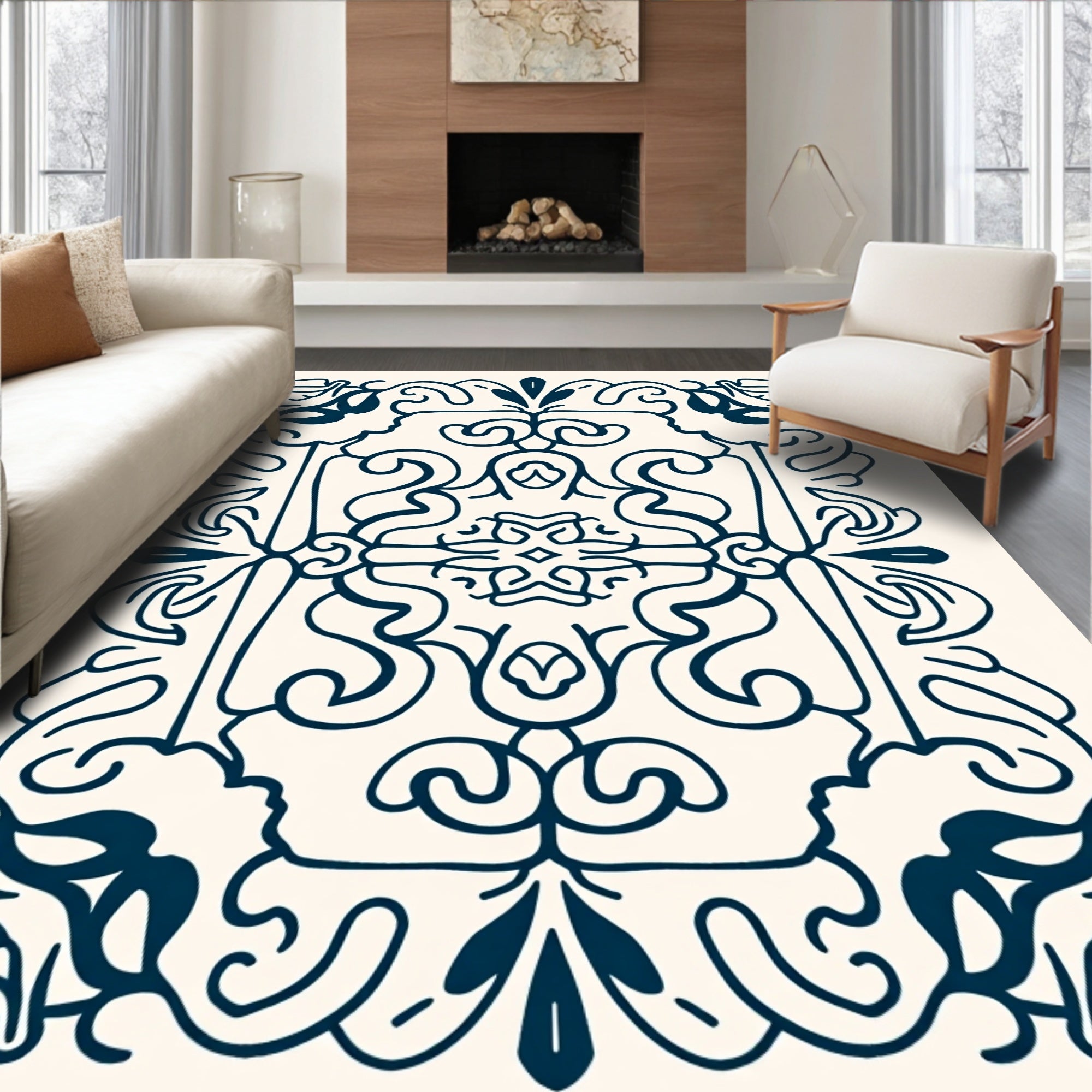 Ornate Dark Navy Scroll Pattern Rug