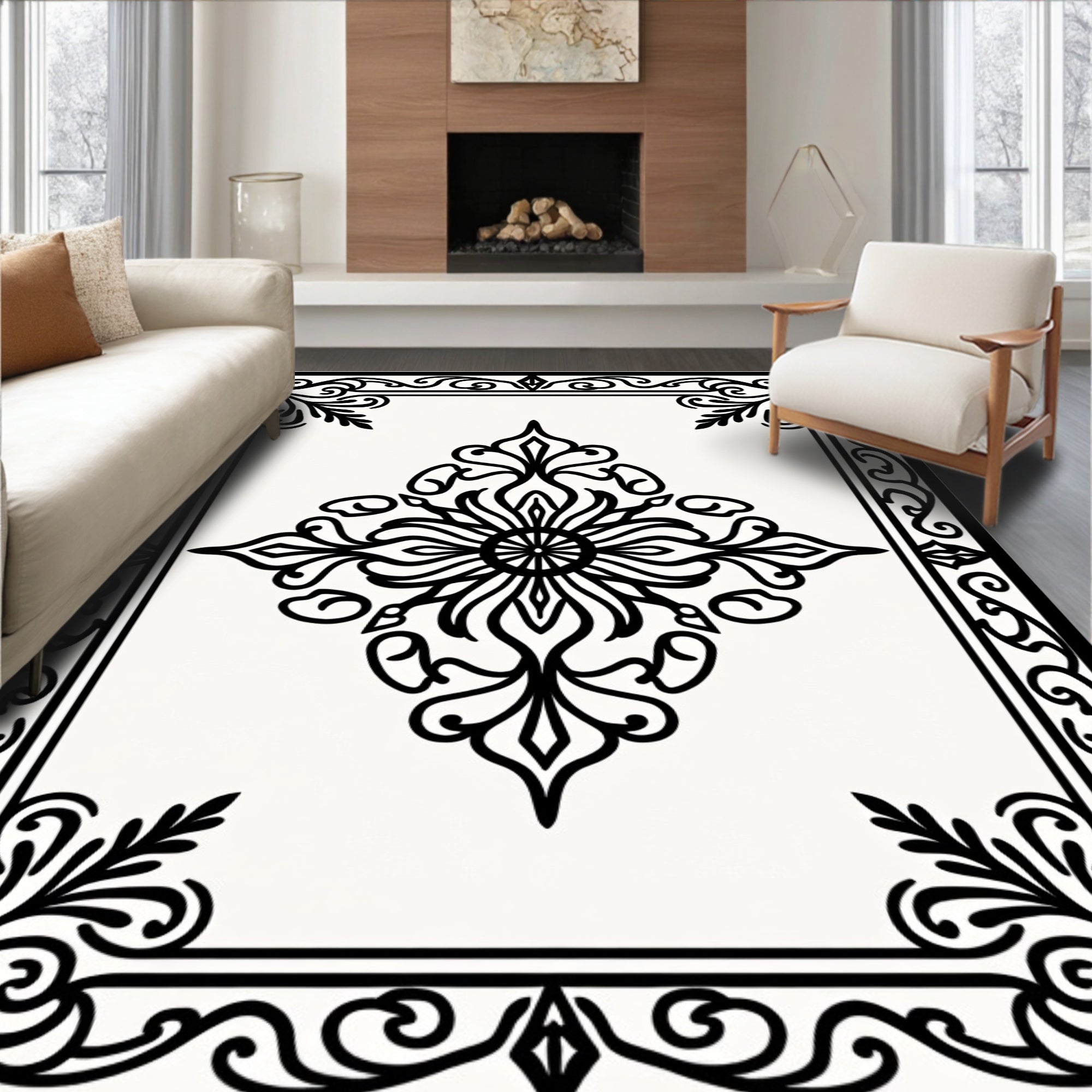 Classic Black White Floral Pattern Rug