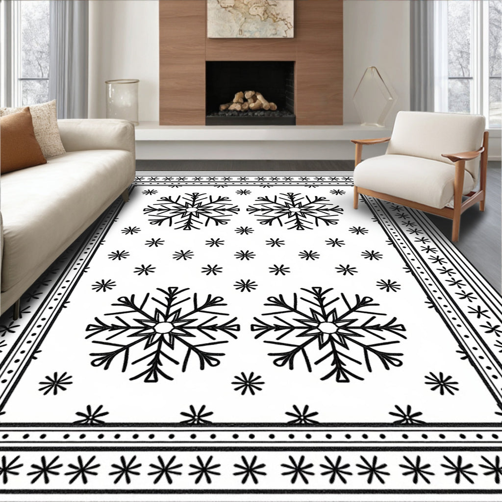 Black White Snowflake Winter Border Rug