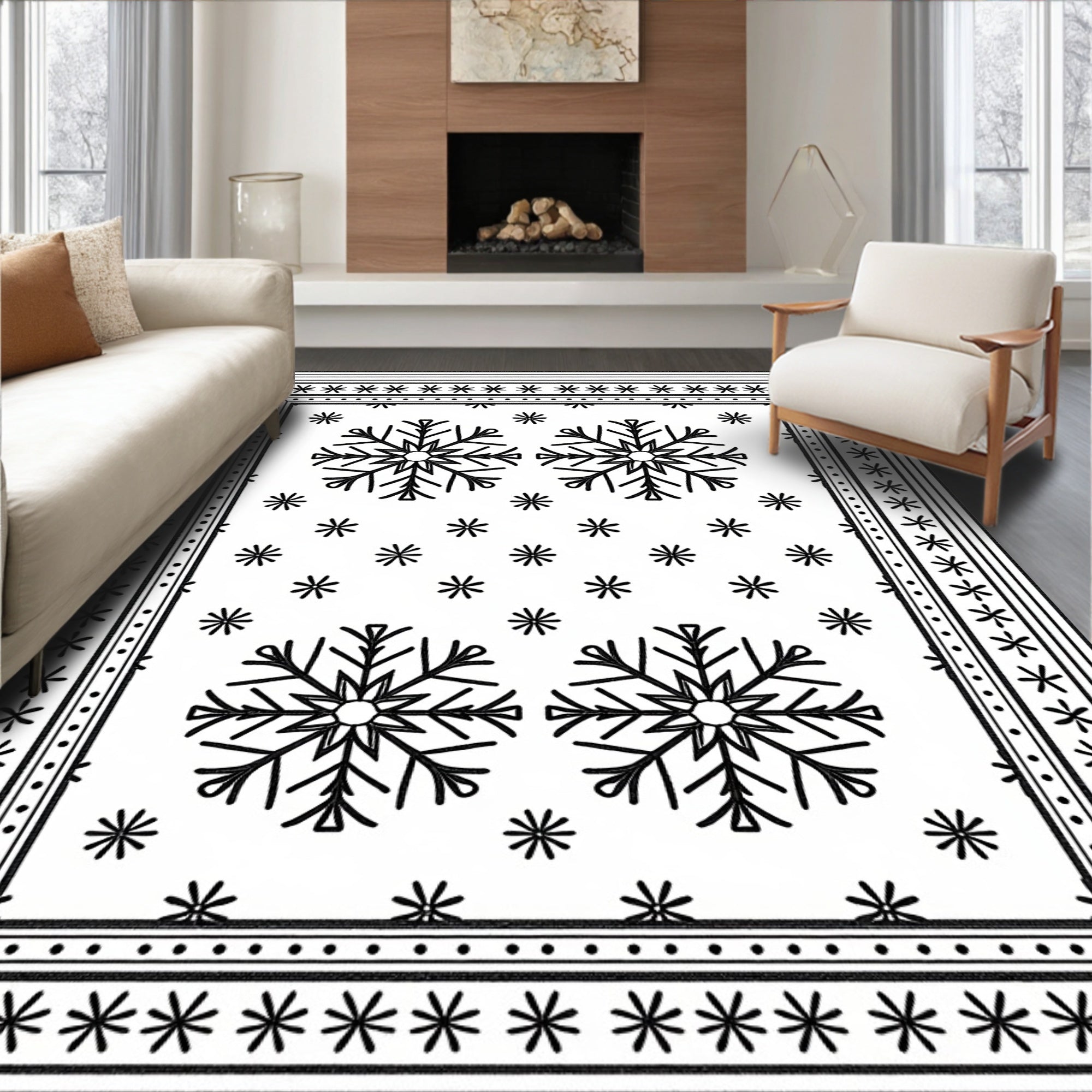 Black White Snowflake Winter Border Rug