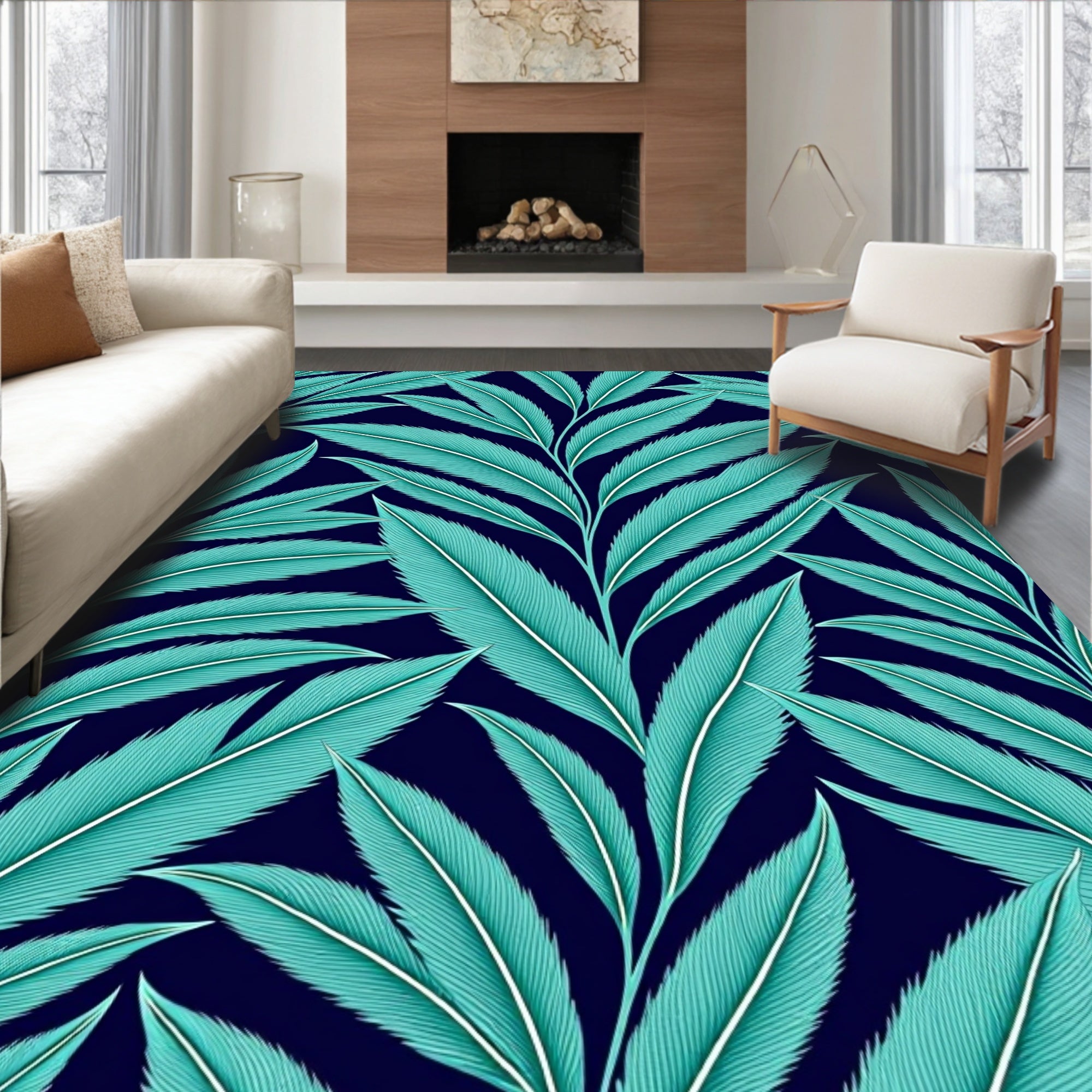 Teal Feathers Dark Navy Foliage Rug