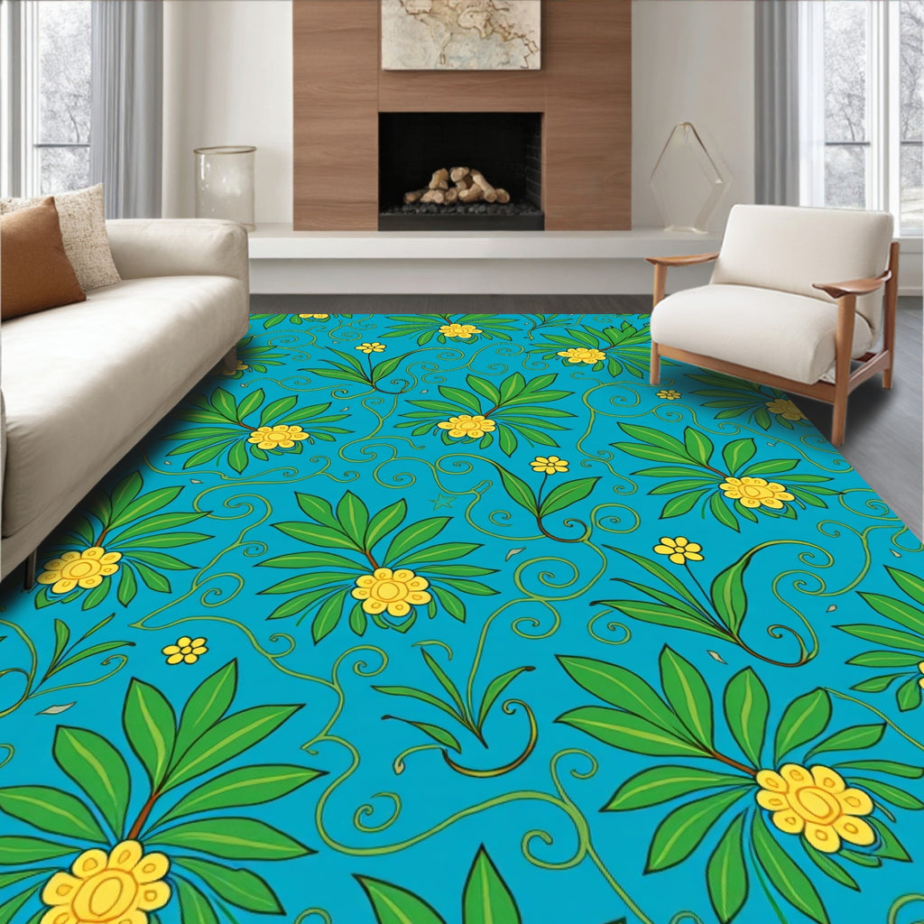 Turquoise With Green Yellow Floral Swirls Rug