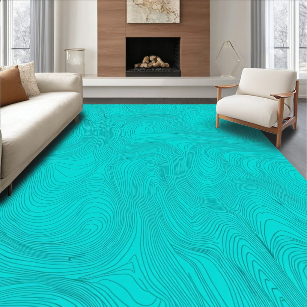 Teal Wavy Contour Line Art Rug