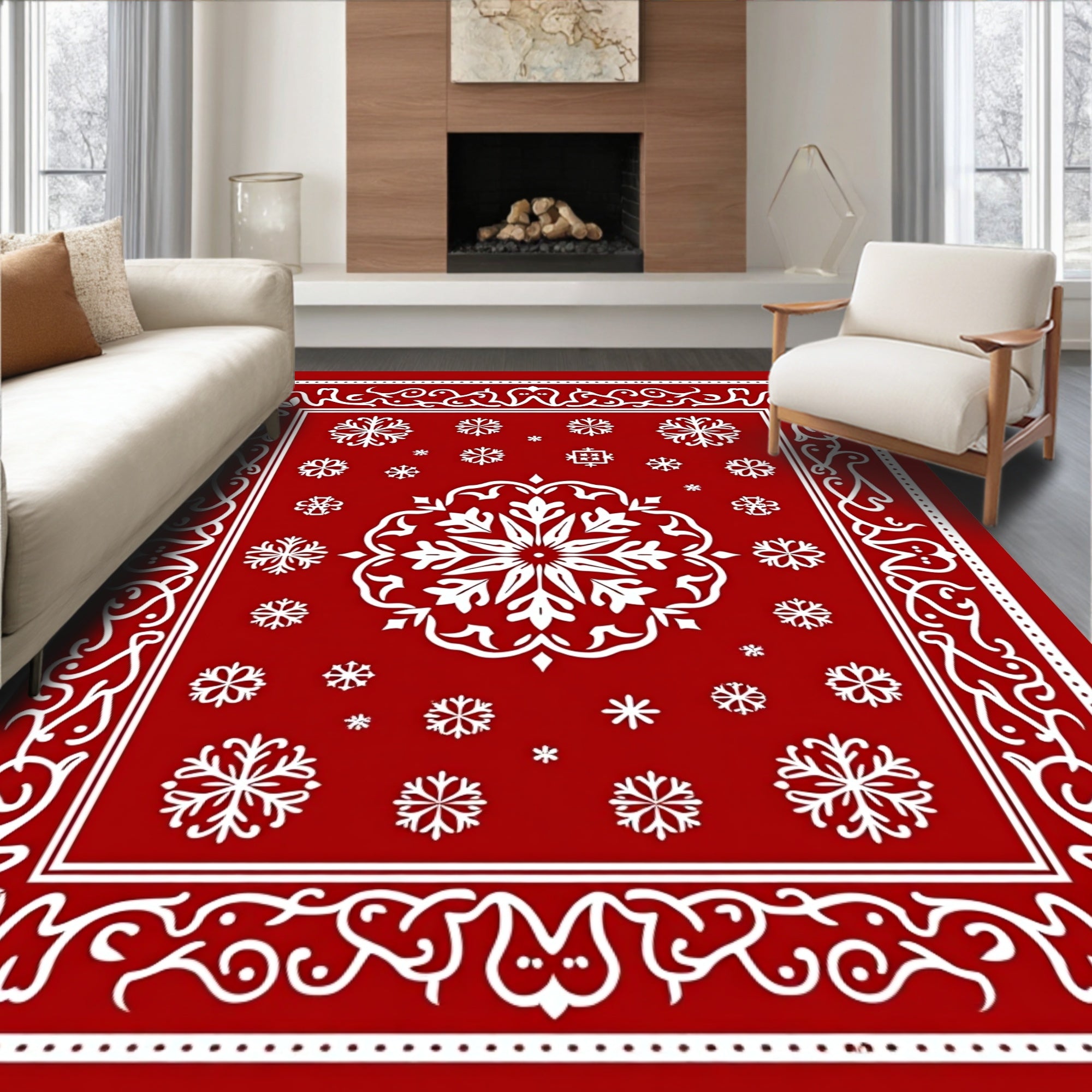 Red White Snowflake Decorative Pattern Rug