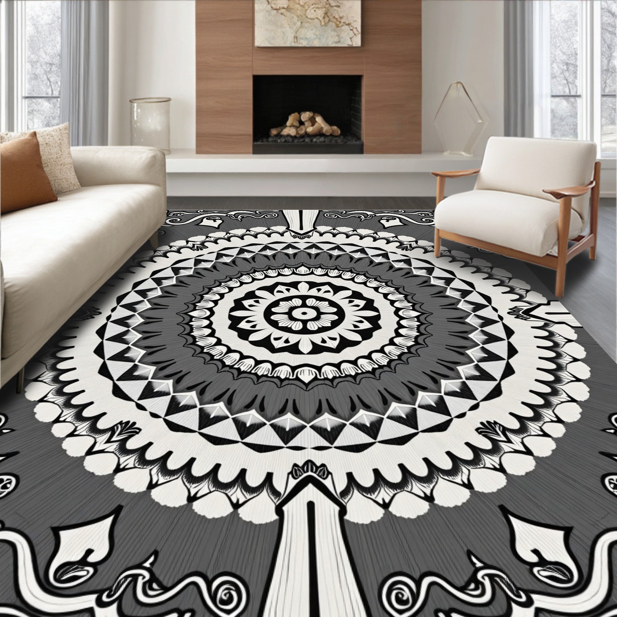 Monochromatic Intricate Radial Floral Design Rug