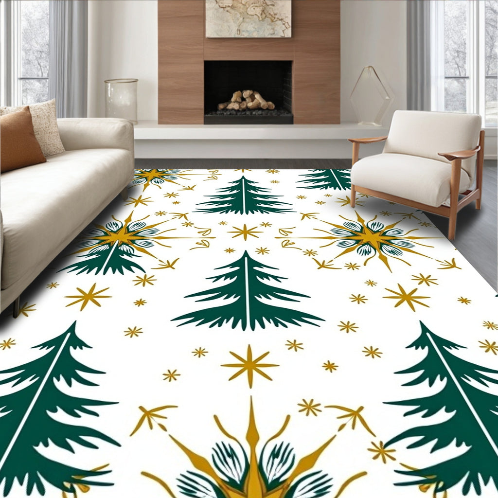 Green And Gold Festive Tree Snowflakes Rug