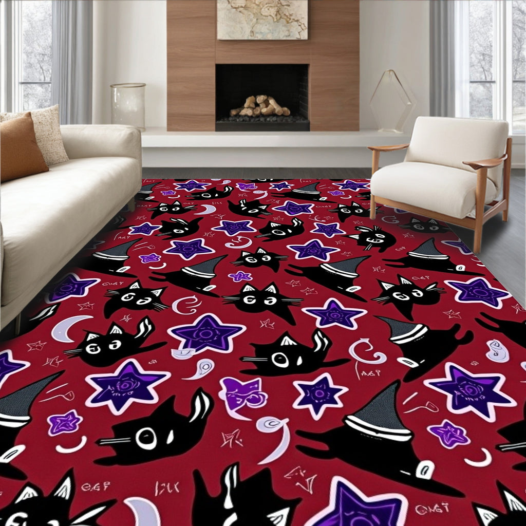 Whimsical Black Cats Stars Pattern Rug