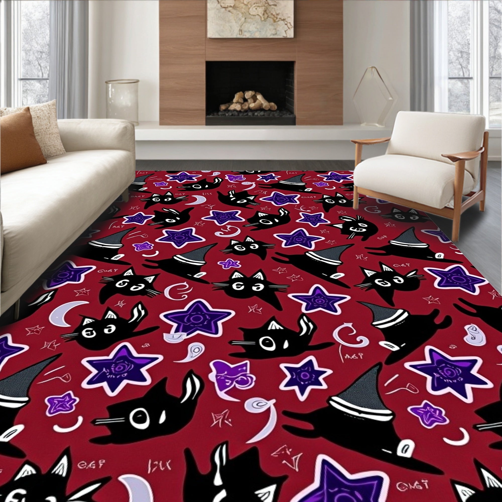 Whimsical Black Cats Stars Pattern Rug