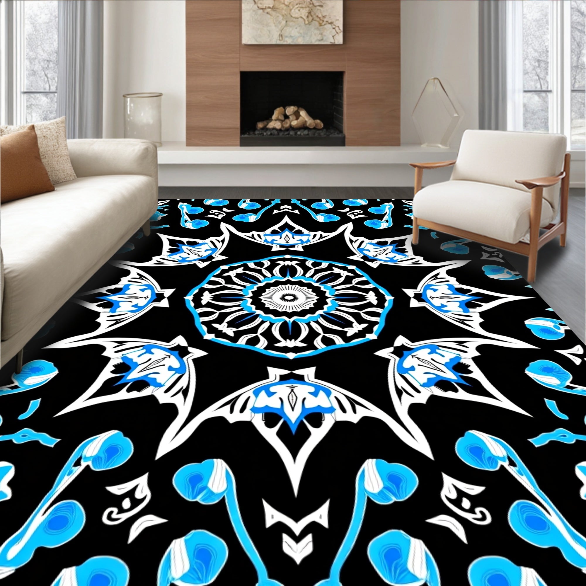 Intricate Blue White Geometric Mandala Rug