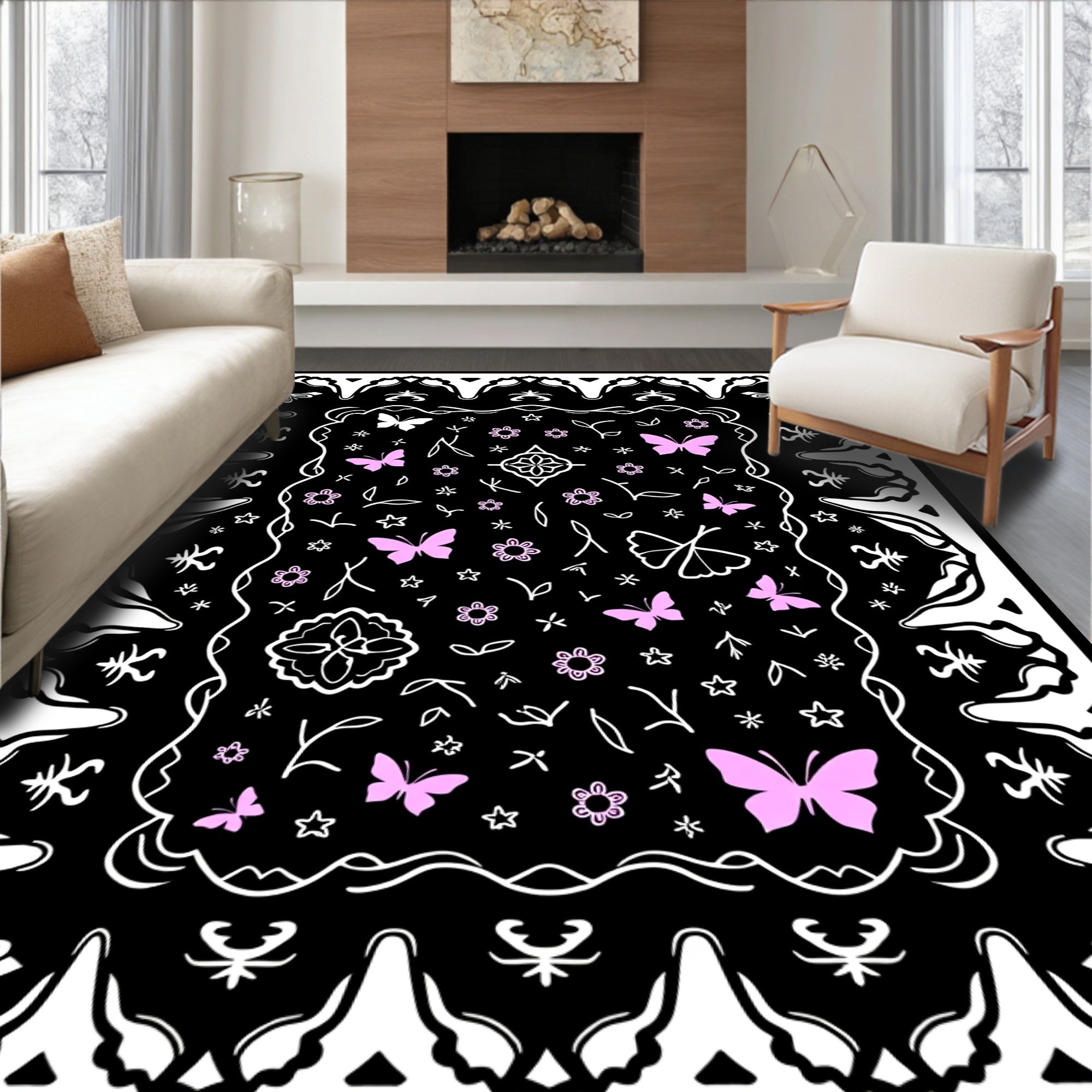Whimsical Pink Butterfly Botanical Pattern Rug