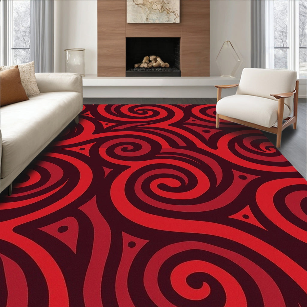 Red Swirling Tribal Pattern Rug