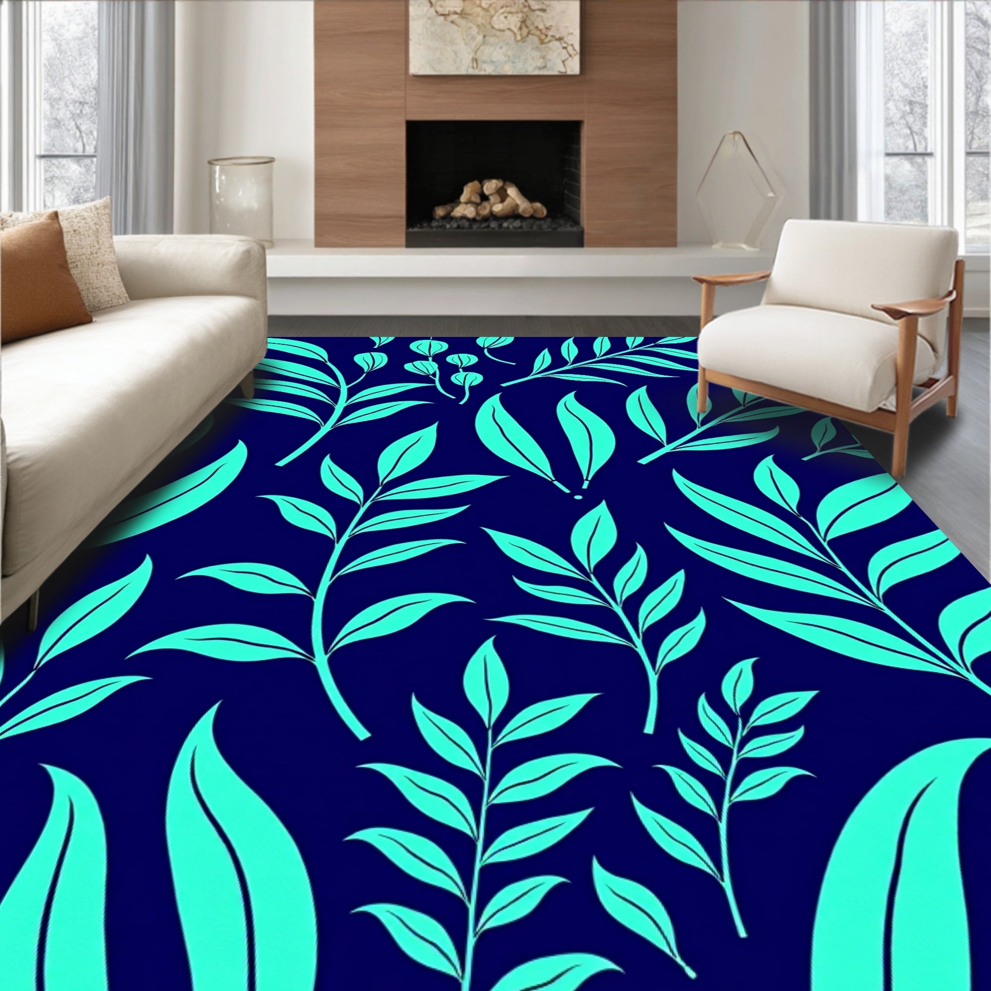 Teal Leaf Pattern Design Rug