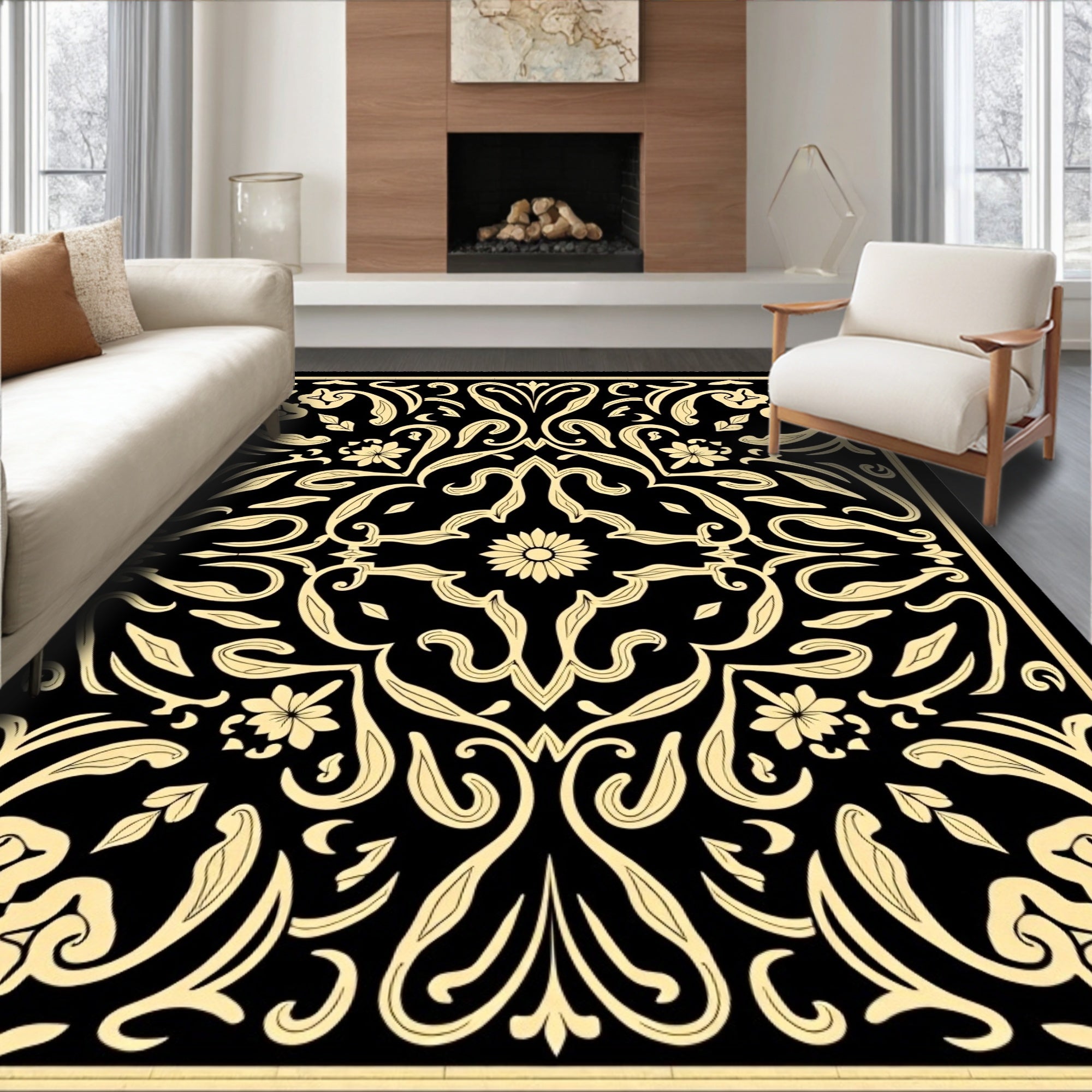 Black Gold Floral Symmetry Pattern Rug
