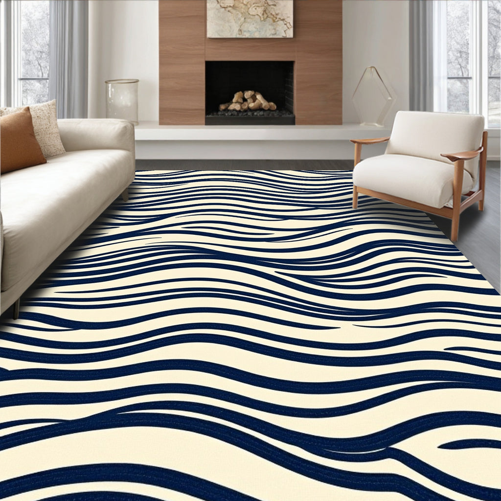 Navy And Cream Wavy Lines Rug