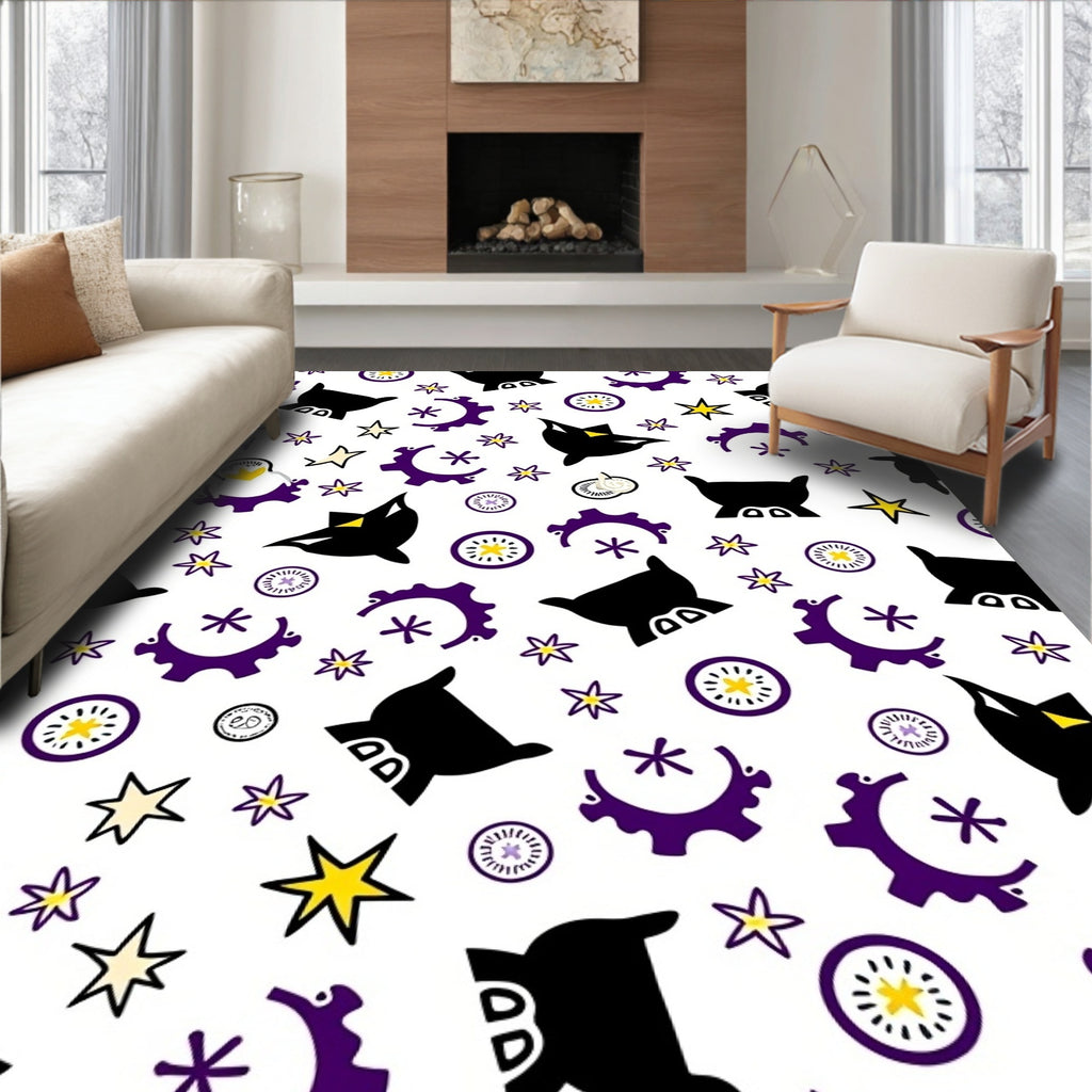 Whimsical Black Purple Star Pattern Rug