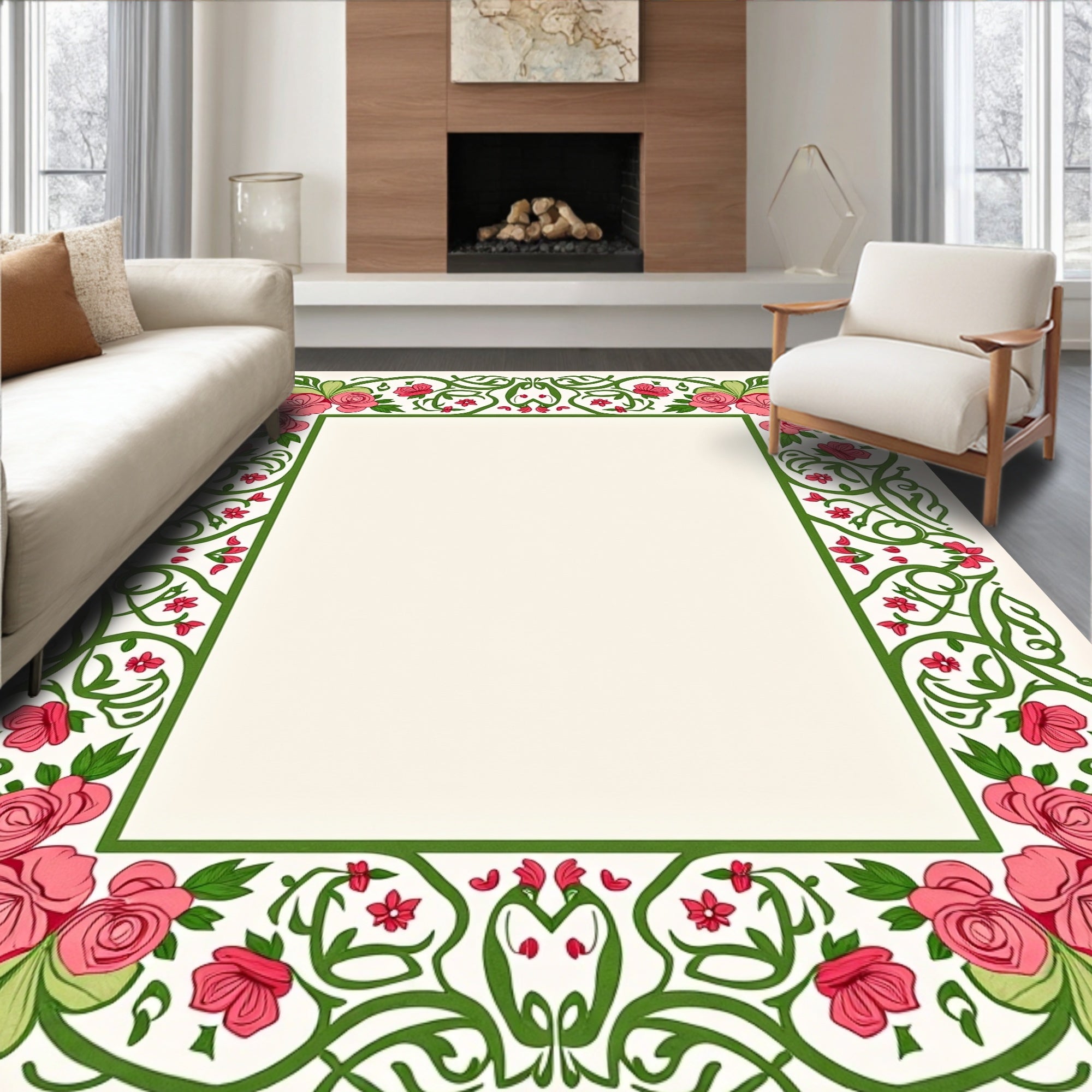 Floral Vine Frame With Roses Design Rug