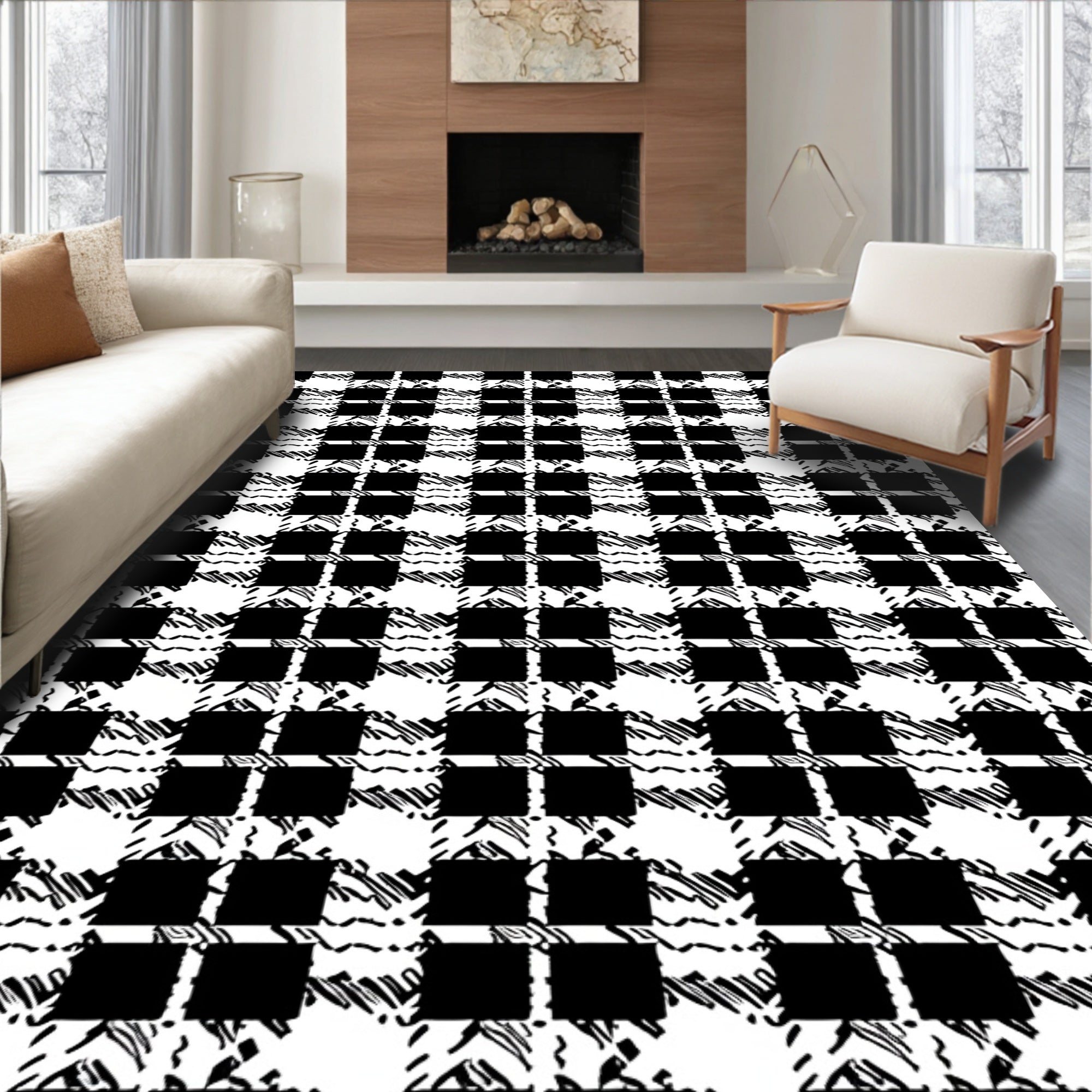 Bold Black White Checkered Pattern Rug
