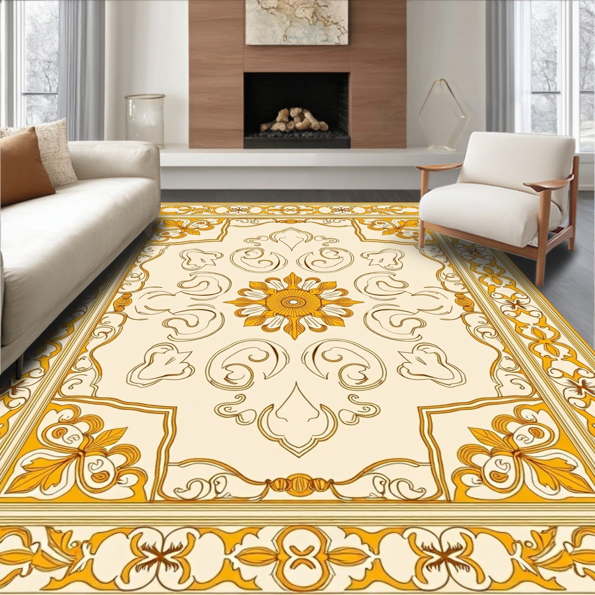 Golden Floral Medallion Bordered Rug