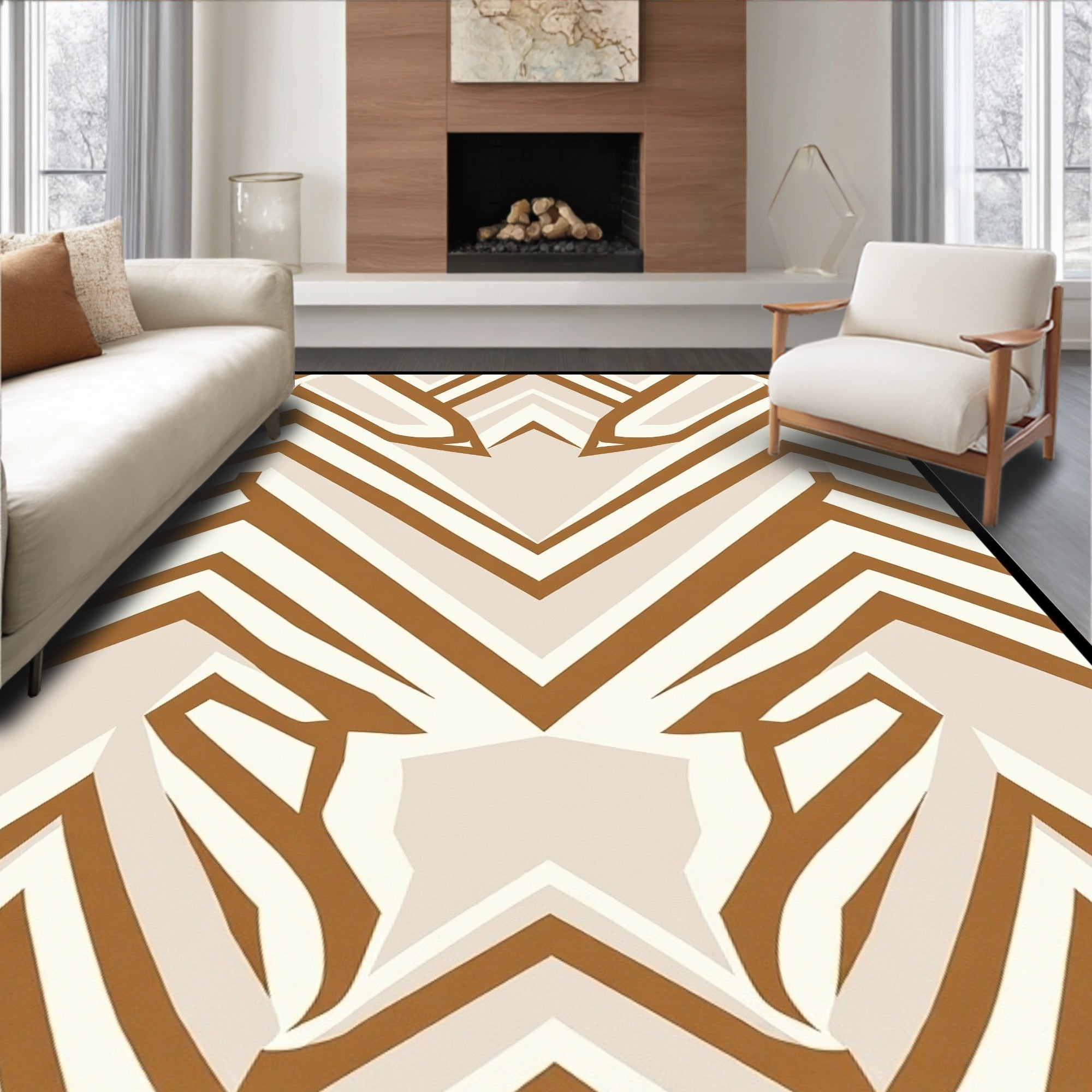 Brown White Geometric Chevron Composition Rug