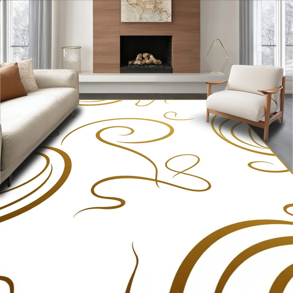 Elegant Gold Swirls on White Pattern Rug