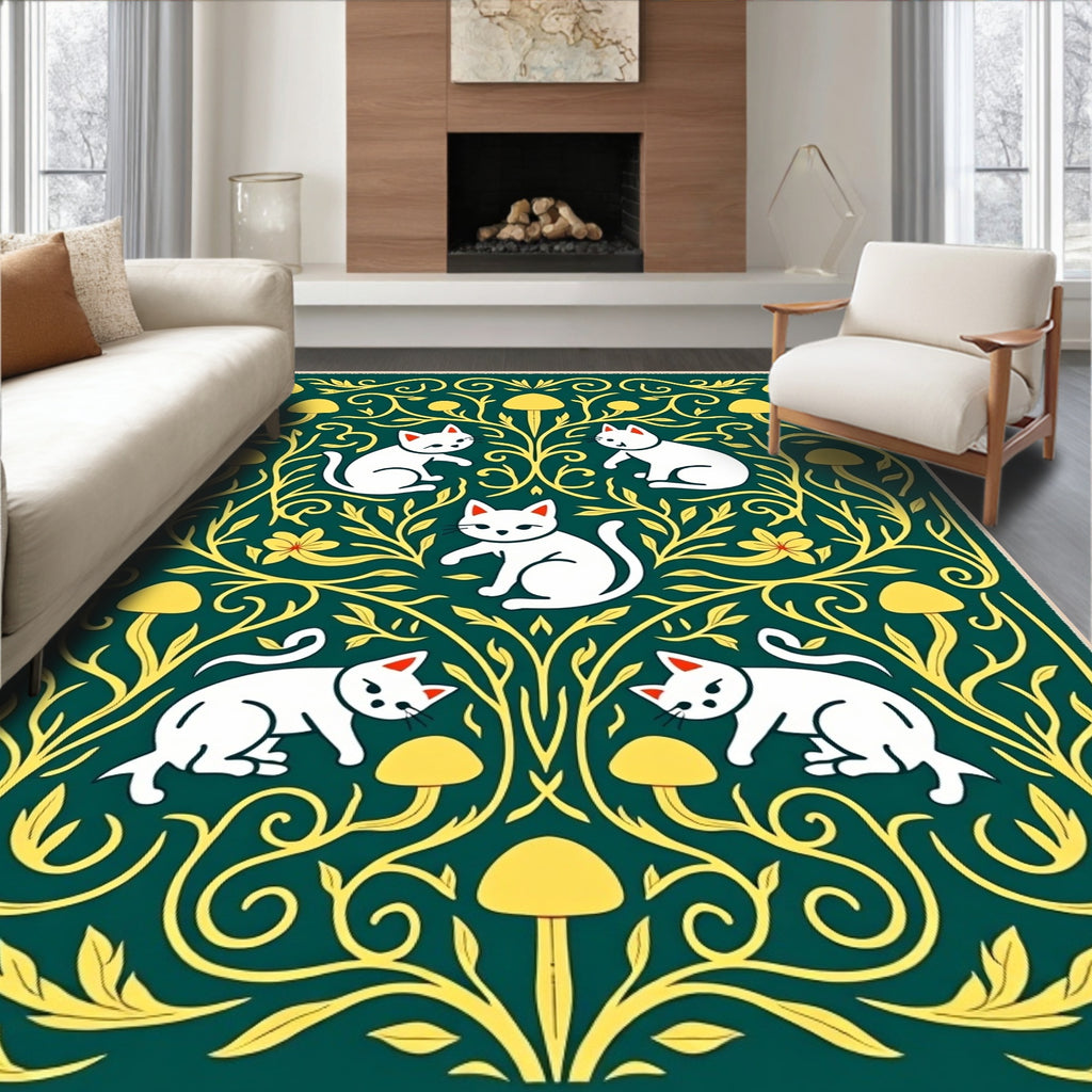 Whimsical Cats And Mushrooms Folklore Rug