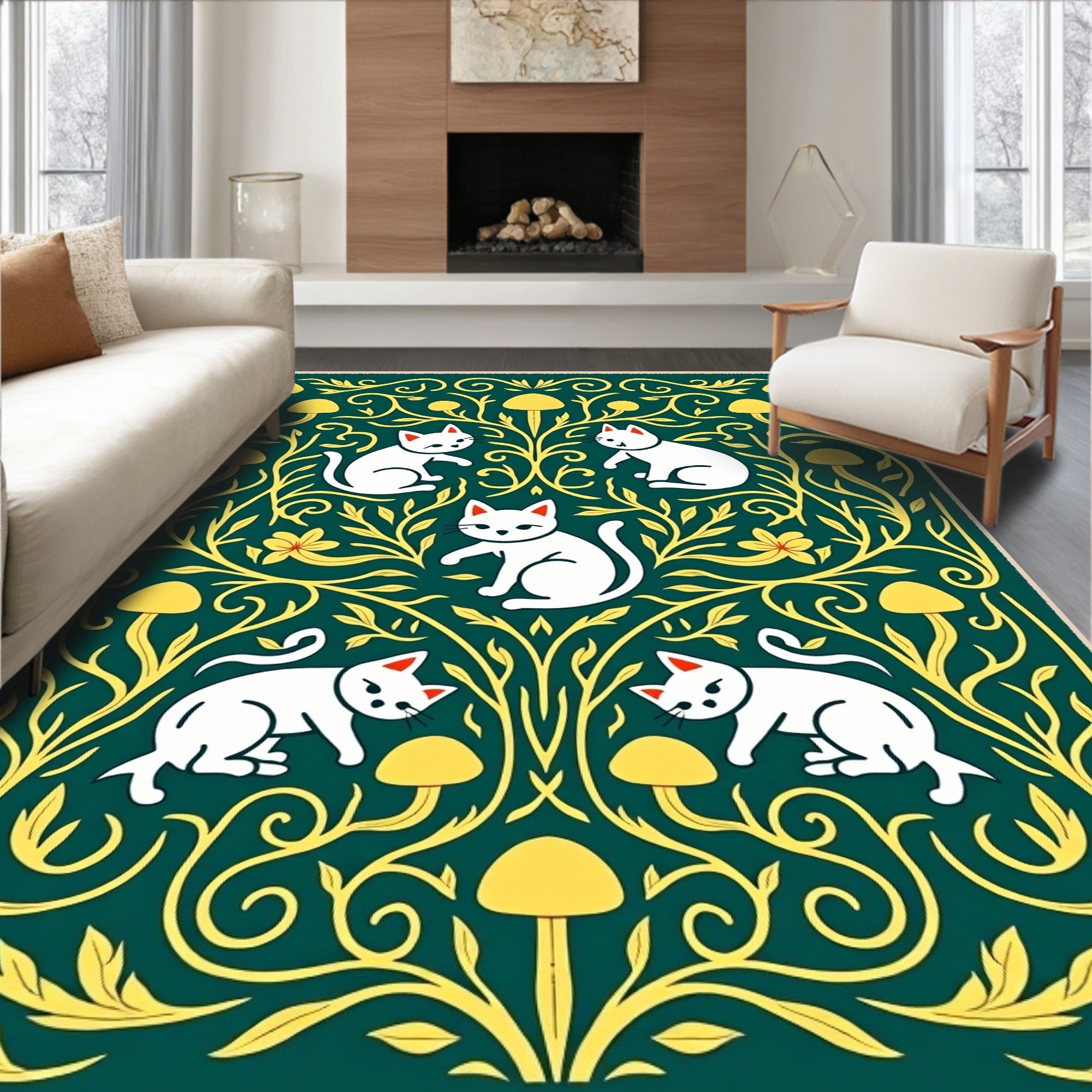 Whimsical Cats And Mushrooms Folklore Rug