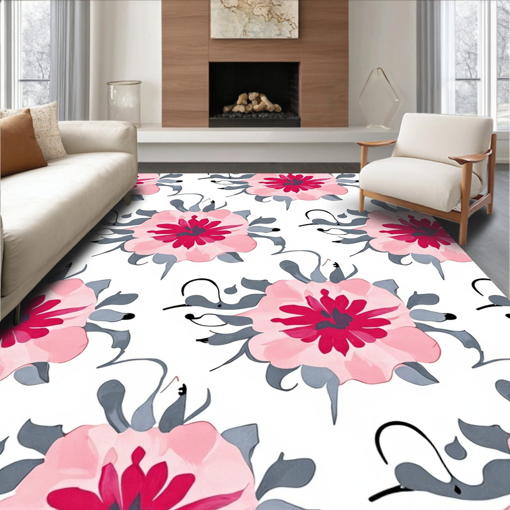 Delicate Pink Floral Brushstroke Pattern Rug